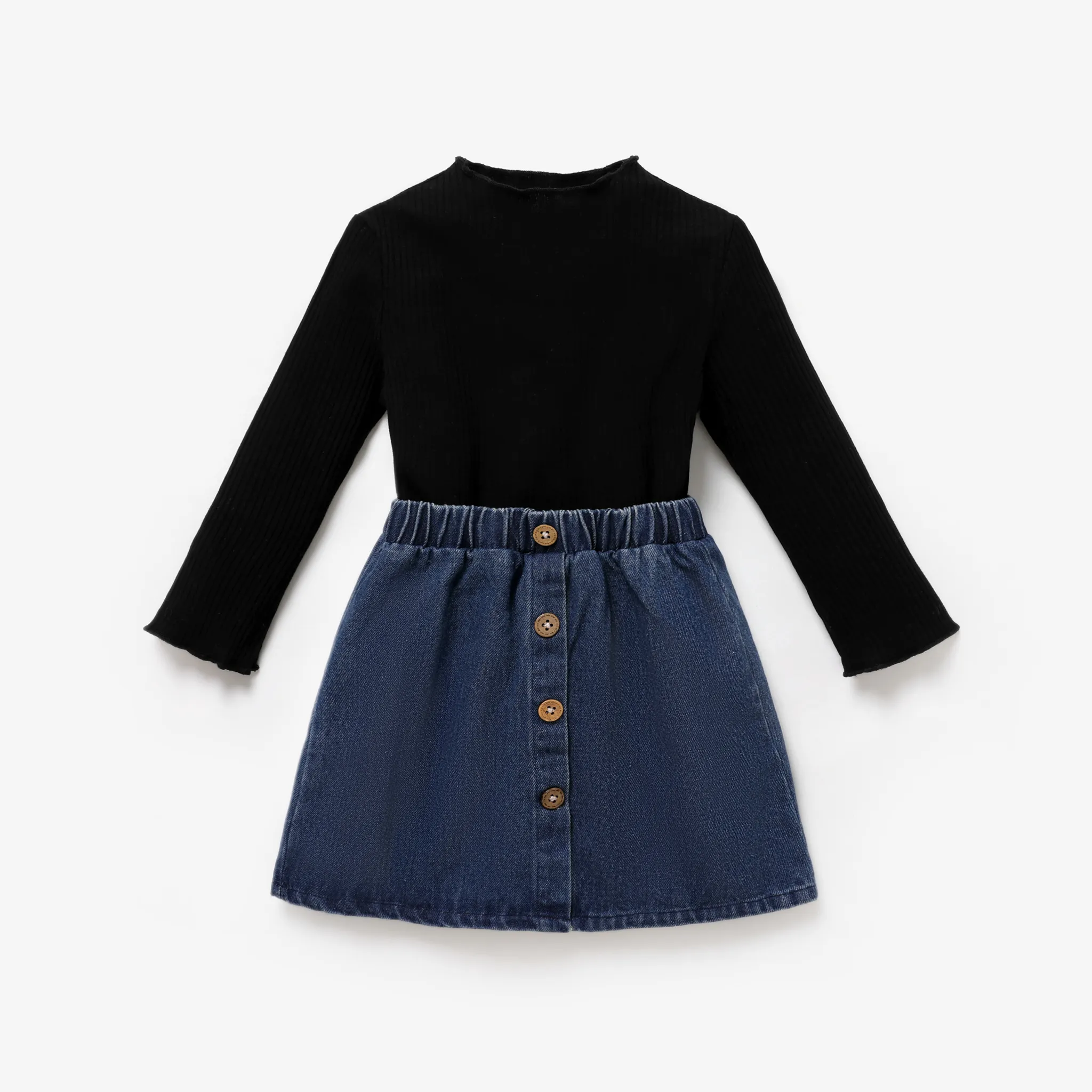 2pcs Toddler Girl Trendy Button Design Denim Skirt And Mock Neck Black Tee Set