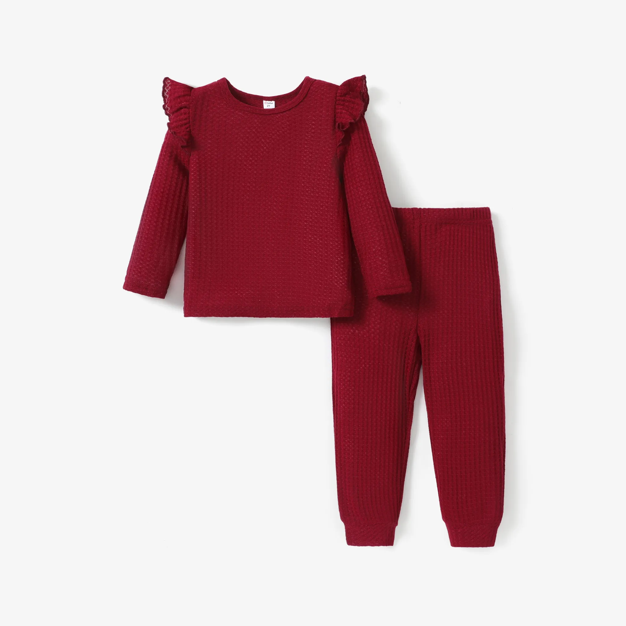 

Eco-friendly RPET Fabric 2pcs Toddler Girl Ruffled Waffle Solid Color Long-sleeve Tee and Pants Set