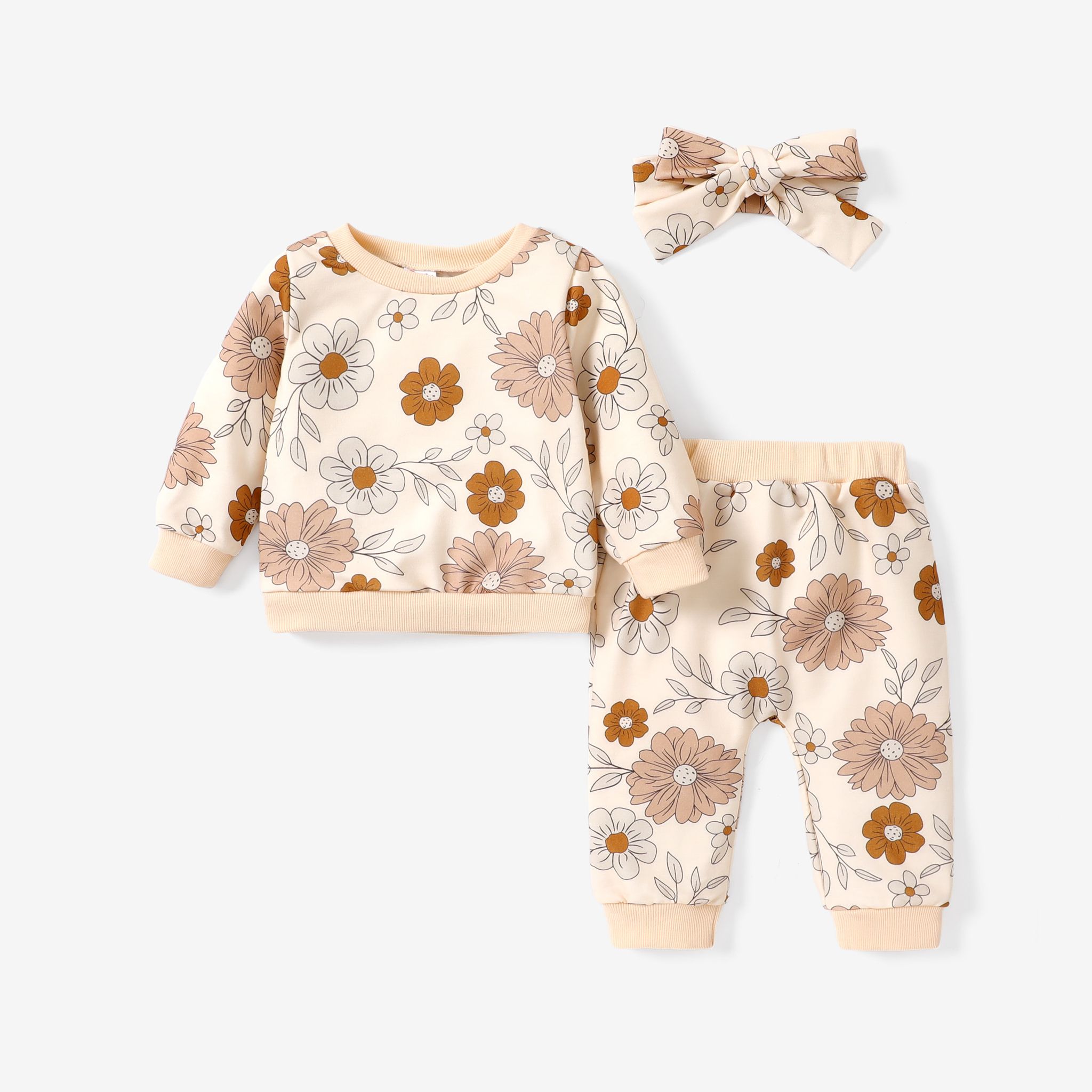 3pcs Baby Girl Allover Floral Print Sweat-shirt à Manches Longues Et Pantalon Et Ensemble De Bandeau