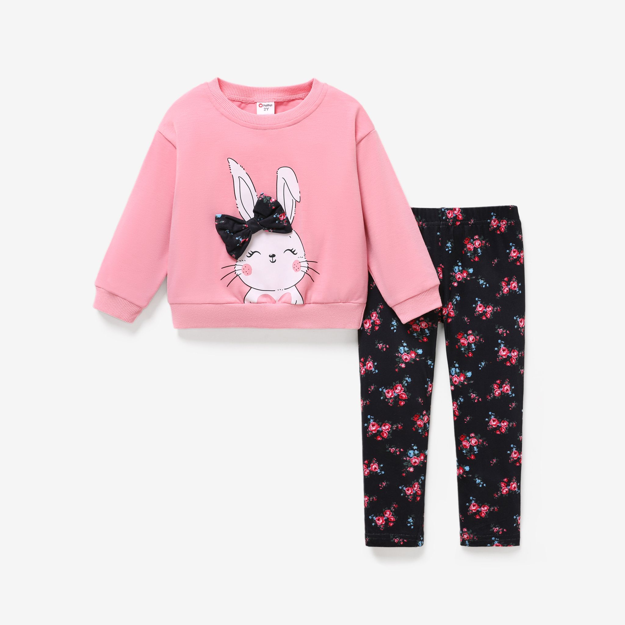 2pcs Toddler Girl Cute Rabbit Print Bowknot Design Sweatshirt And Floral Print Leggings Set