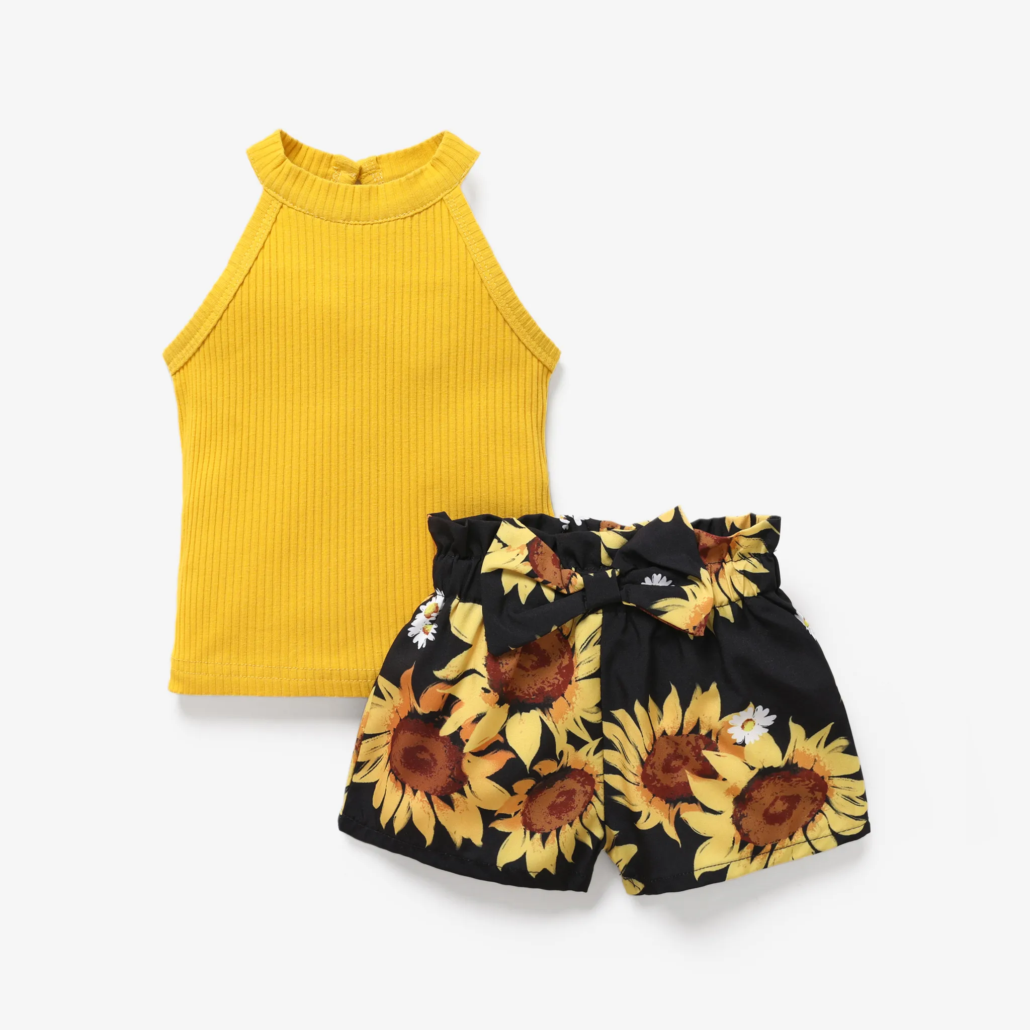 

2pcs Baby Girl 95% Cotton Ribbed Halter Neck Top and Allover Sunflower Print Shorts Set