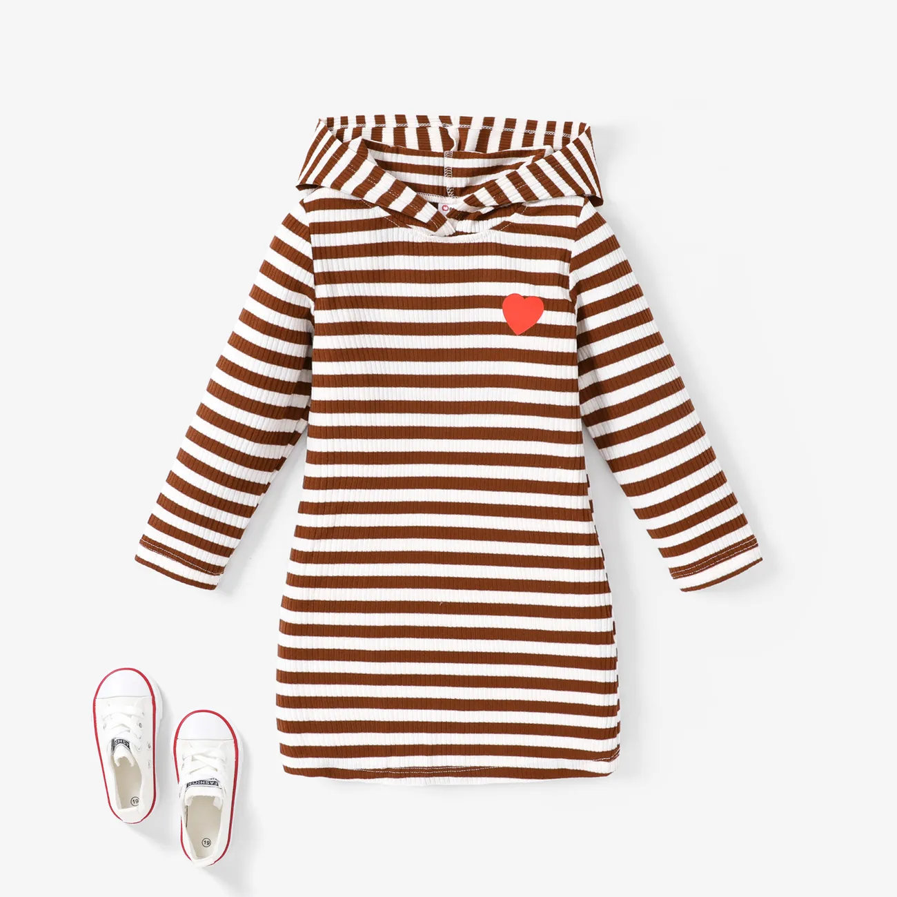 Toddler Girl's Hooded Stripe Heart print Dress Brown big image 1