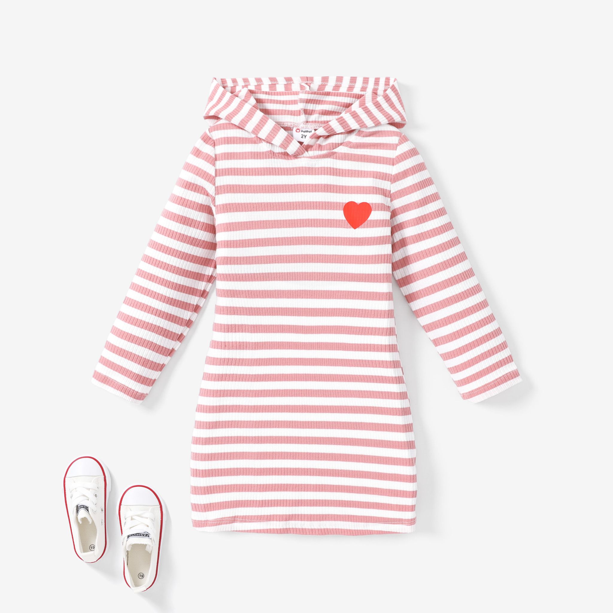Toddler Girl's Hooded Stripe Heart Print Dress