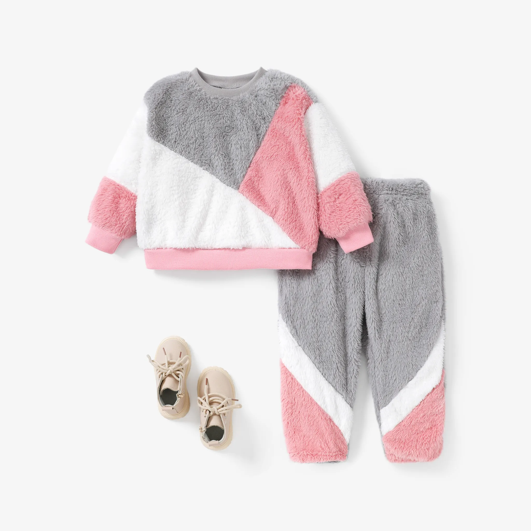 2pcs Toddler Girl's Fuzzy Fabric Stitching Colorblock Sweatshirt And Pants Set
