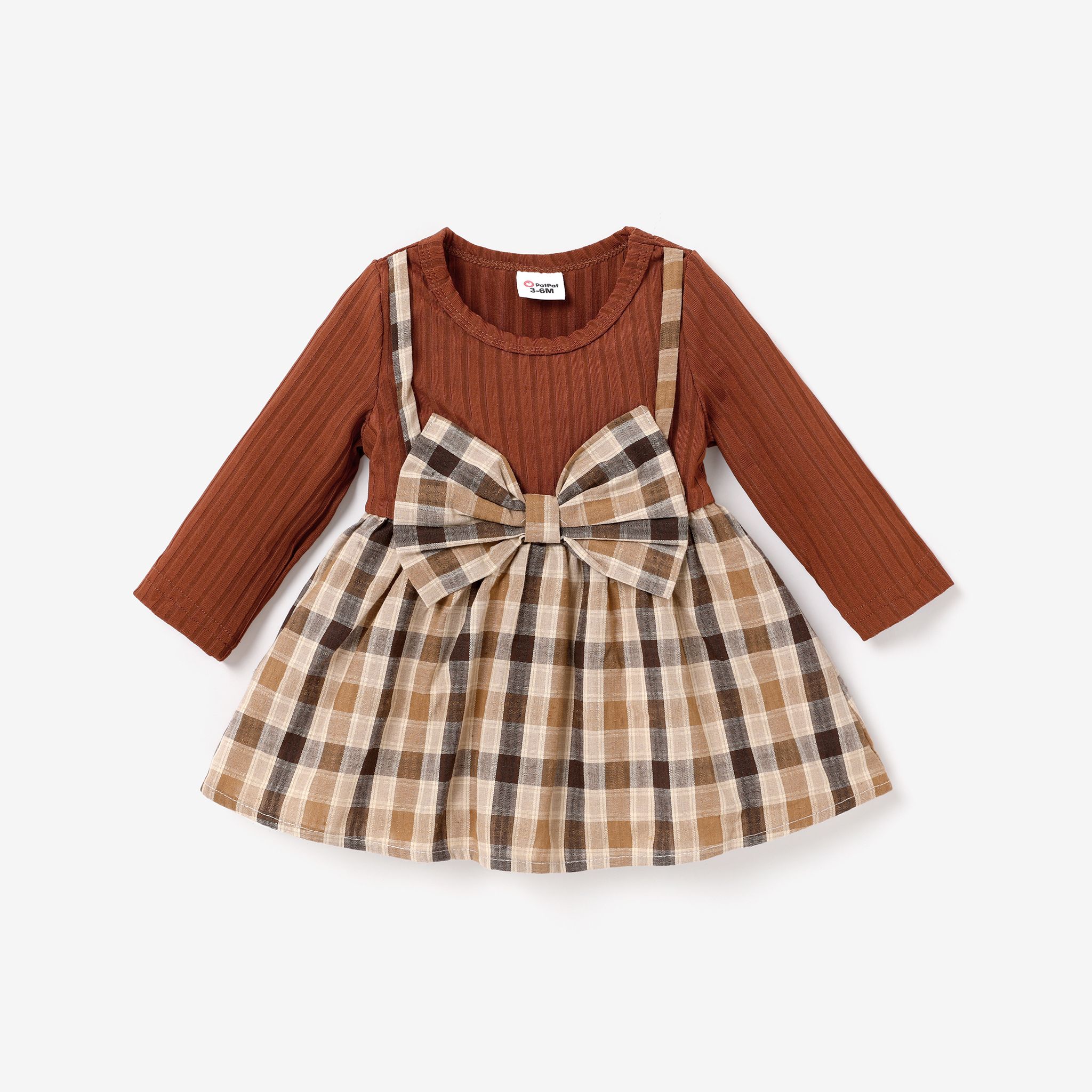 

Baby Girl Solid Ribbed Long-sleeve Splicing Plaid Bowknot Dress