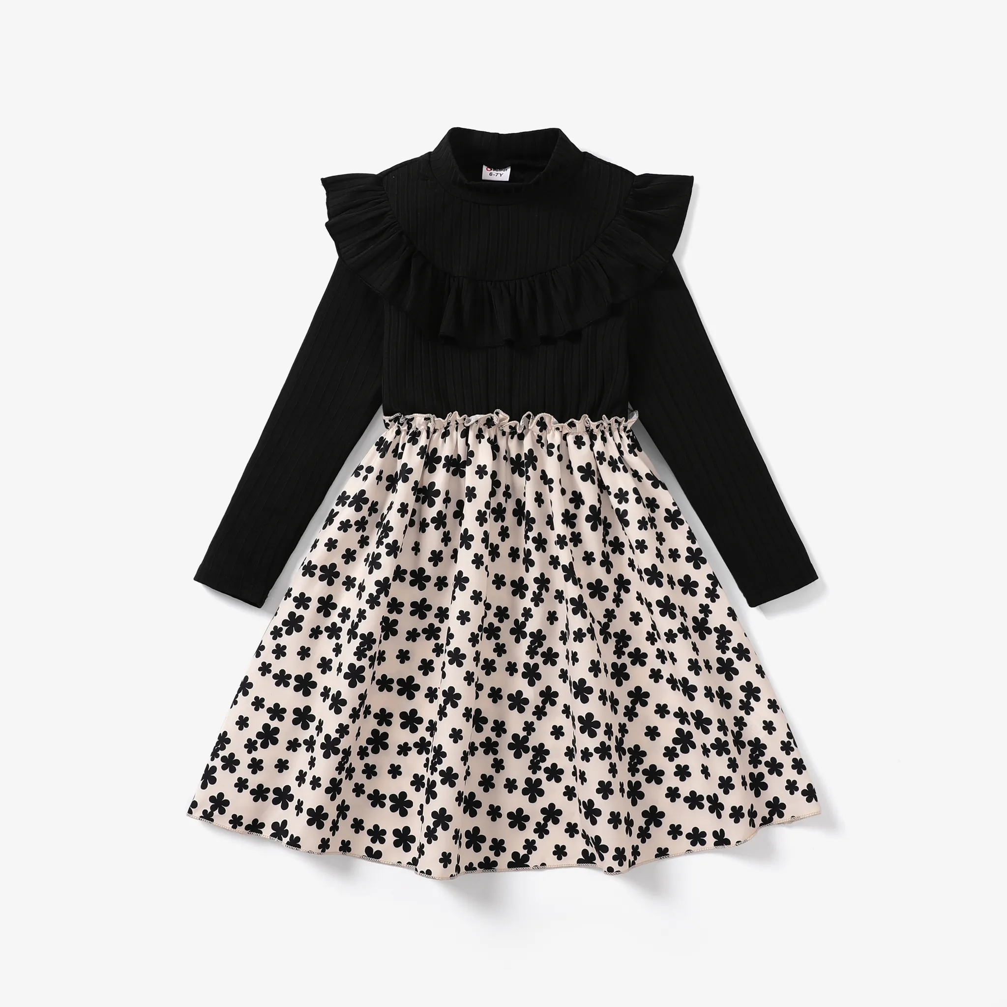 Kid Girl Sweet Plants and Floral Ruffle Edge Dress  Black big image 1