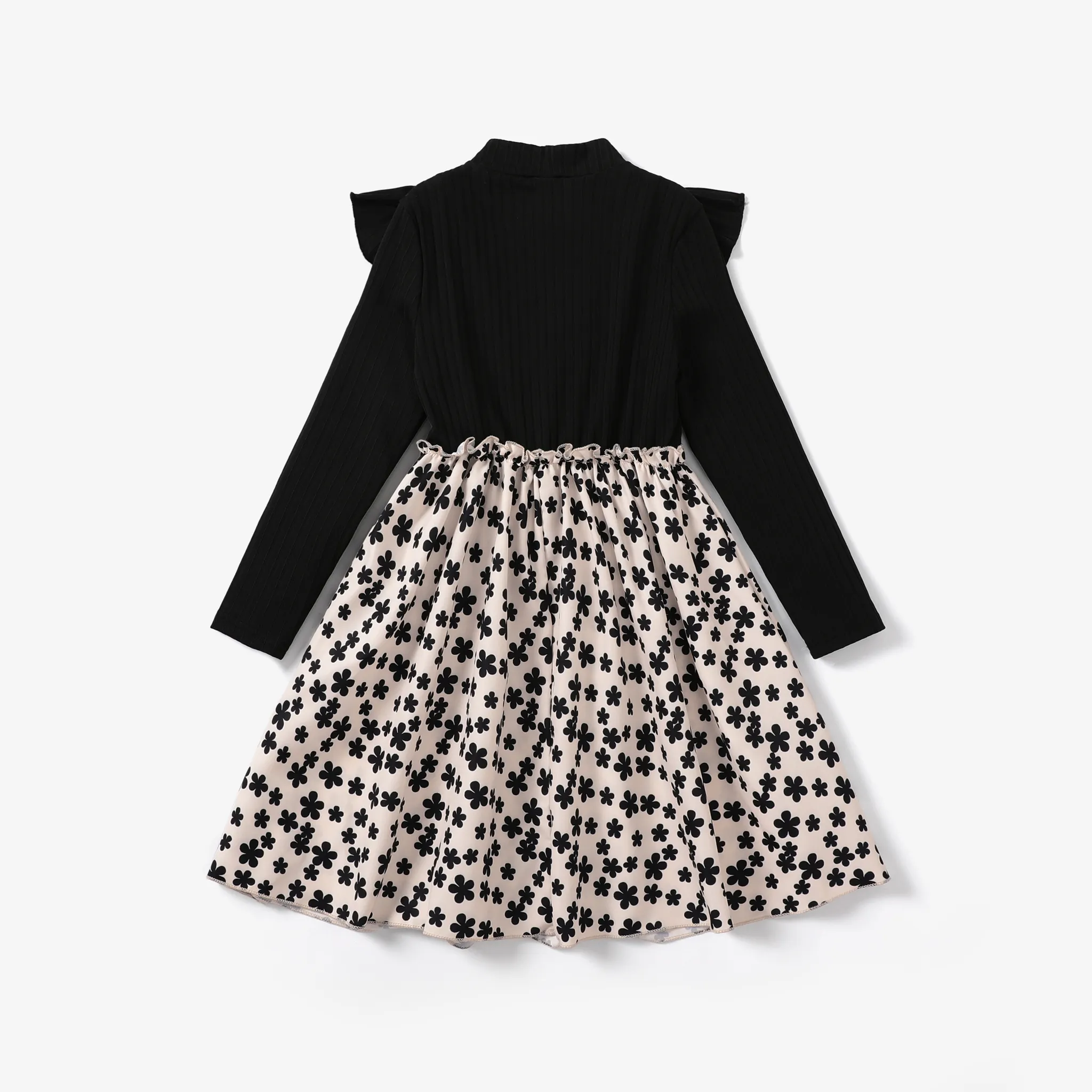 Kid Girl Sweet Plants and Floral Ruffle Edge Dress  Black image 2