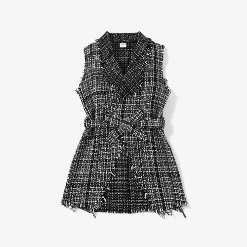  2PCS Kid Girl Fashionable  Lapel  Avant-garde Grid/Houndstooth Coat
