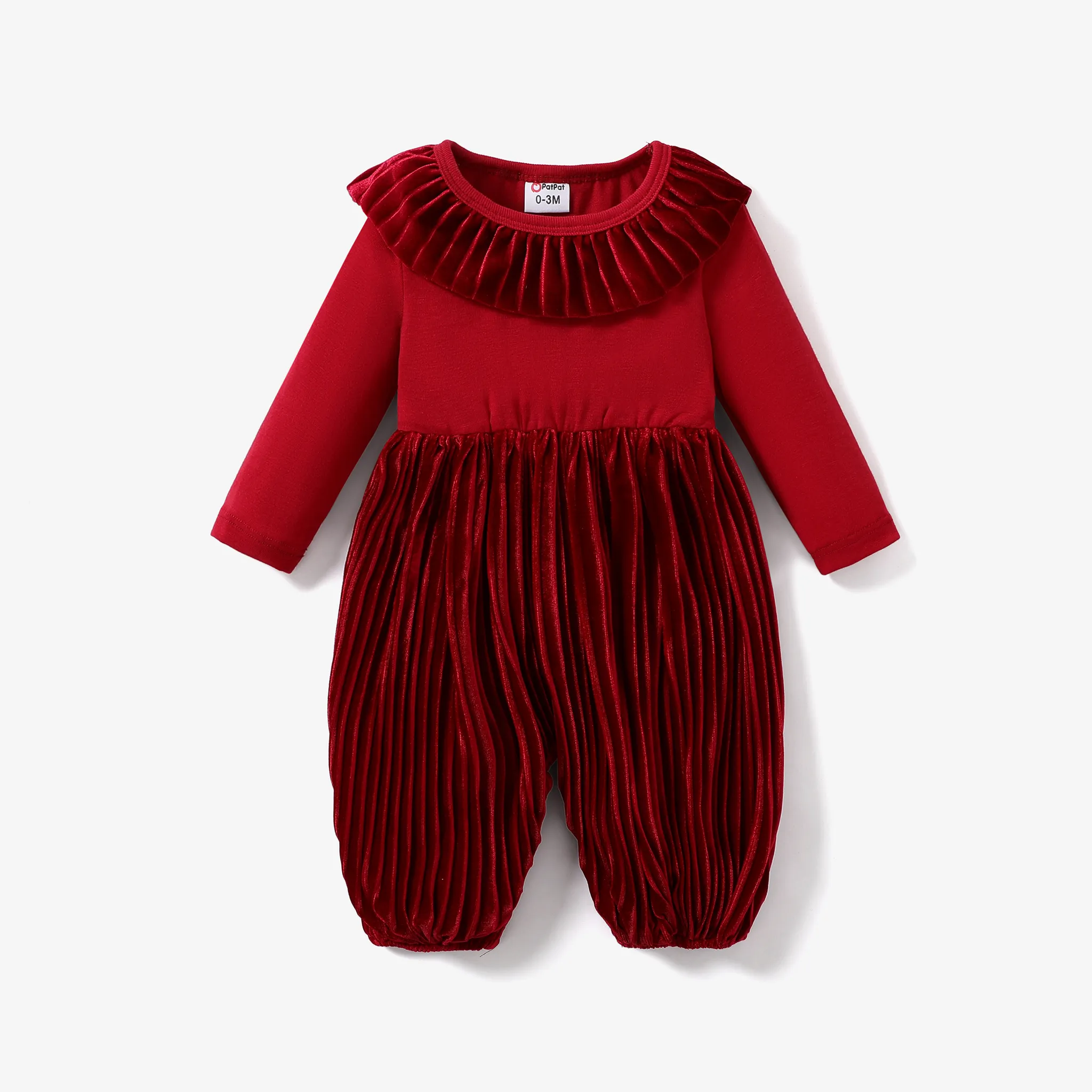 Baby Girl Ruffled Hemline and Yoke Collar Pleat Detail Long Sleeve Jumpsuit