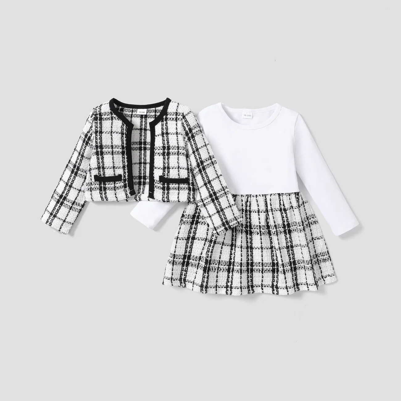 2-piece Toddler Girl Long-sleeve White Plaid Tweed Stitching Dress and Cardigan Set Black/White big image 1