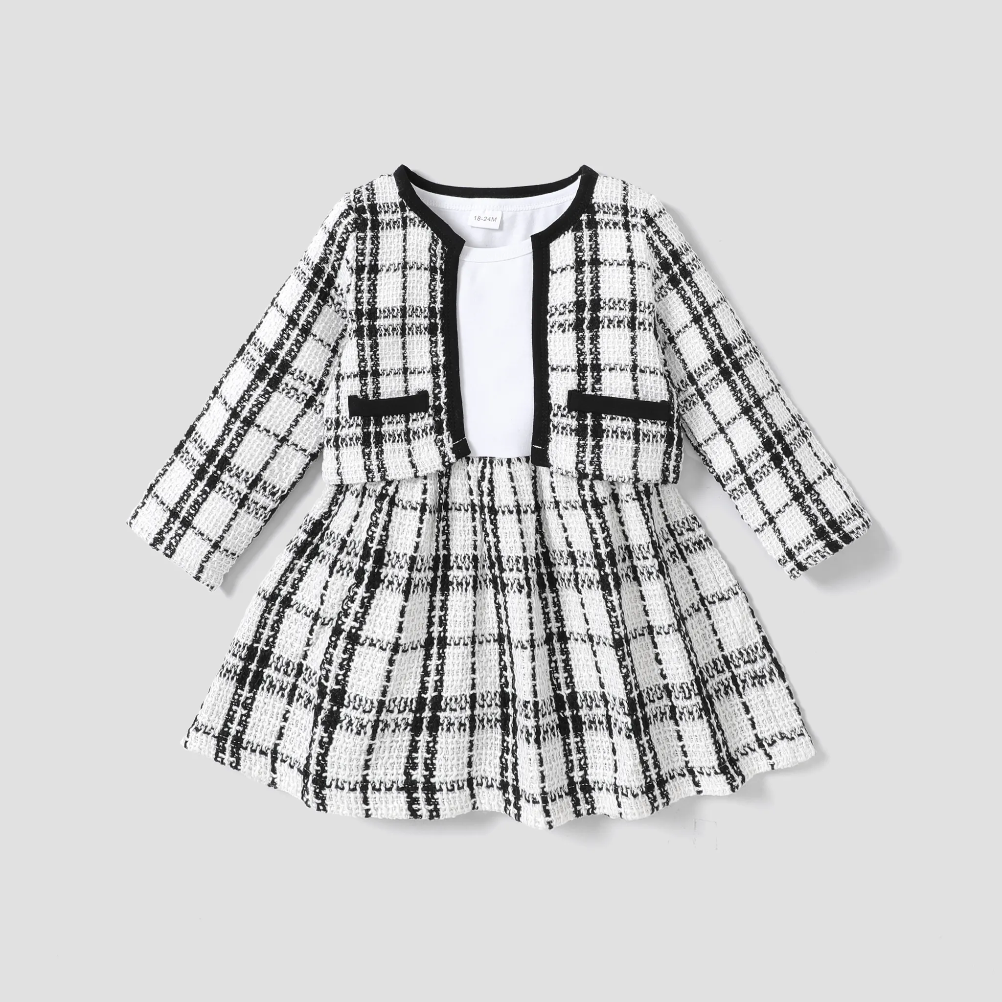 2-piece Toddler Girl Long-sleeve White Plaid Tweed Stitching Dress and Cardigan Set Black/White image 2