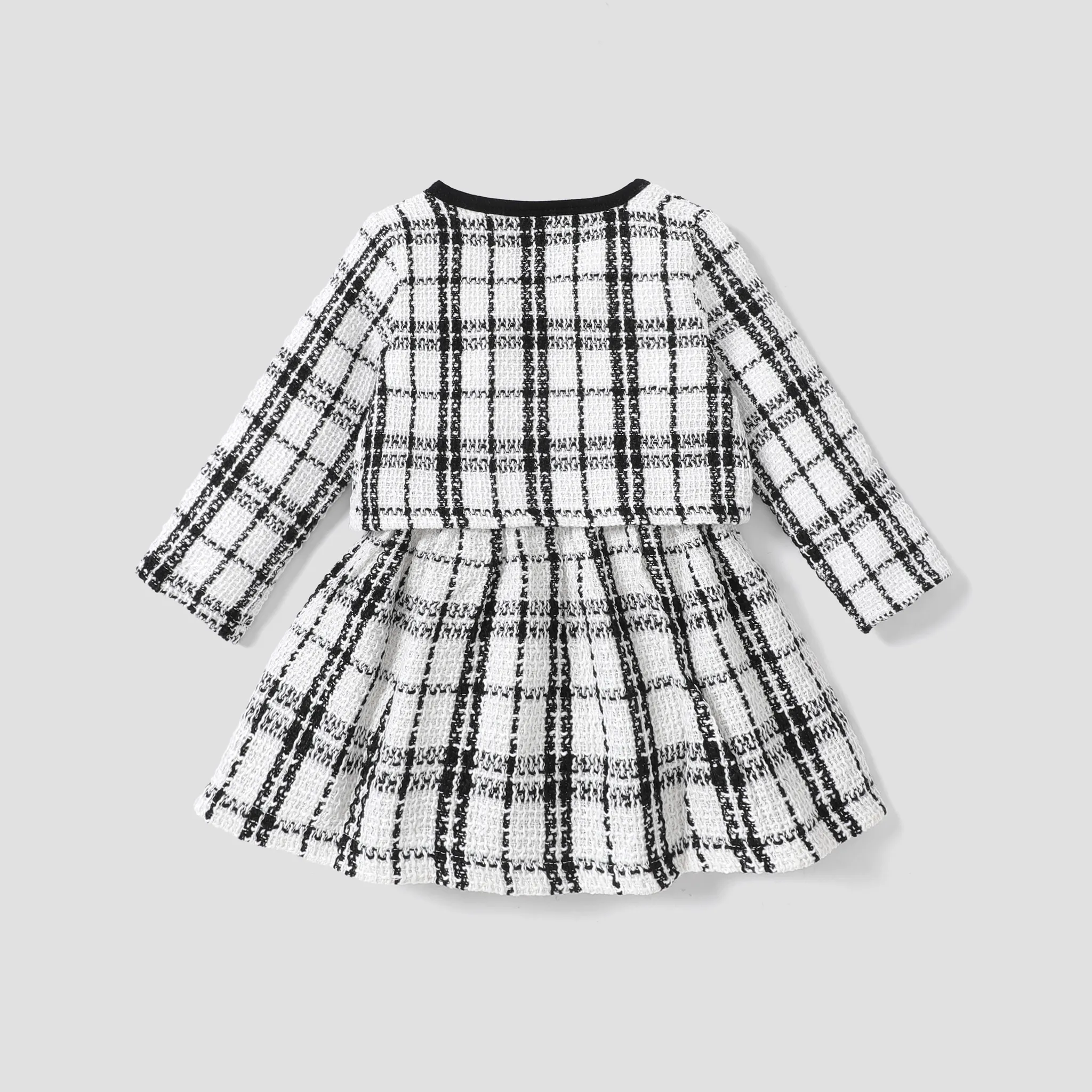 2-piece Toddler Girl Long-sleeve White Plaid Tweed Stitching Dress and Cardigan Set Black/White image 3