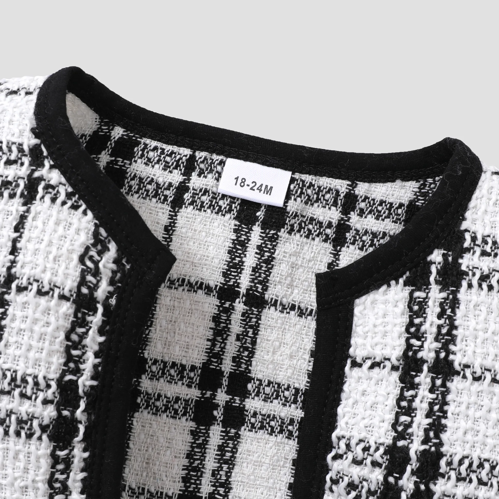 2-piece Toddler Girl Long-sleeve White Plaid Tweed Stitching Dress and Cardigan Set Black/White image 6