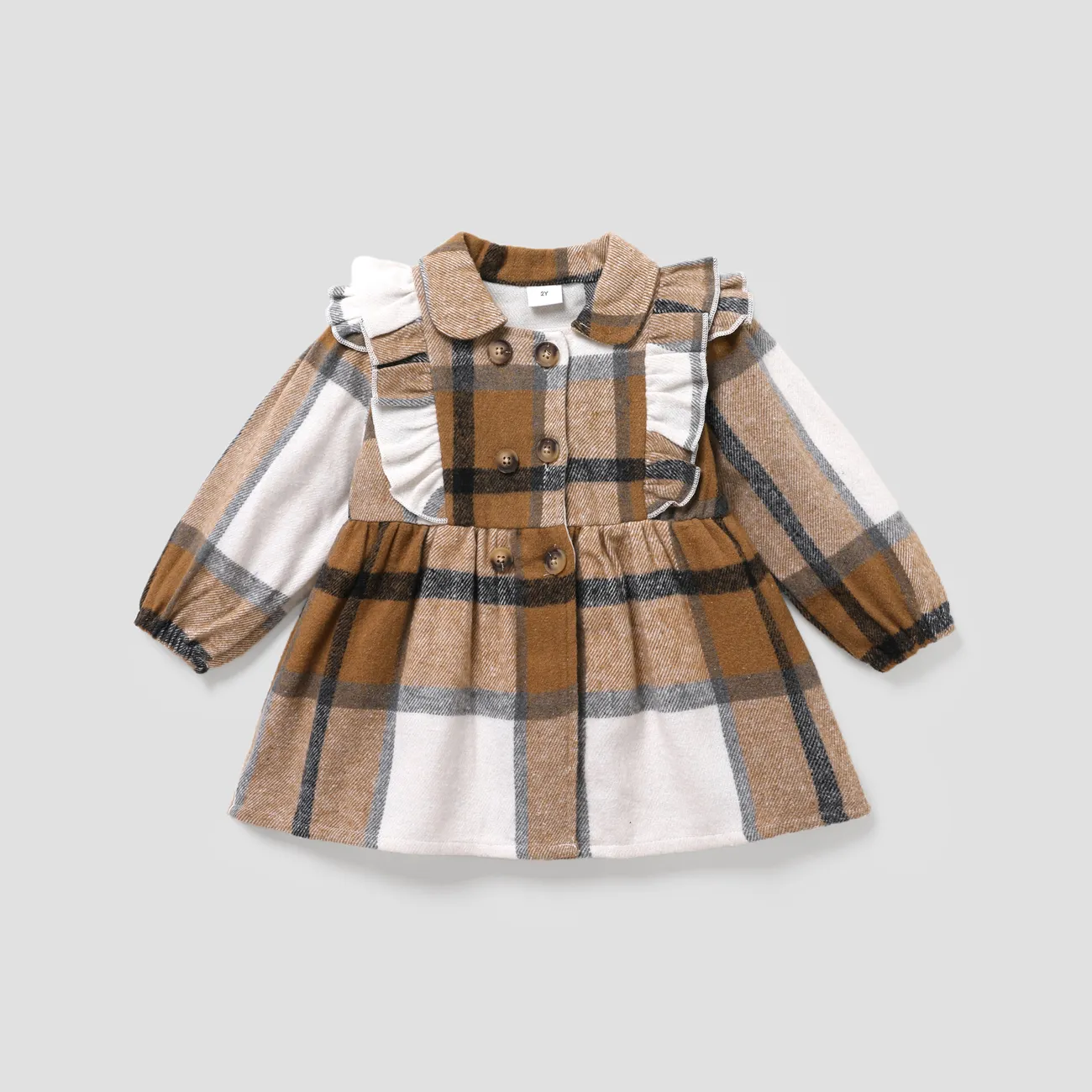 Toddler Girl Classic Ruffled Double Breasted Plaid Coat Brown big image 1