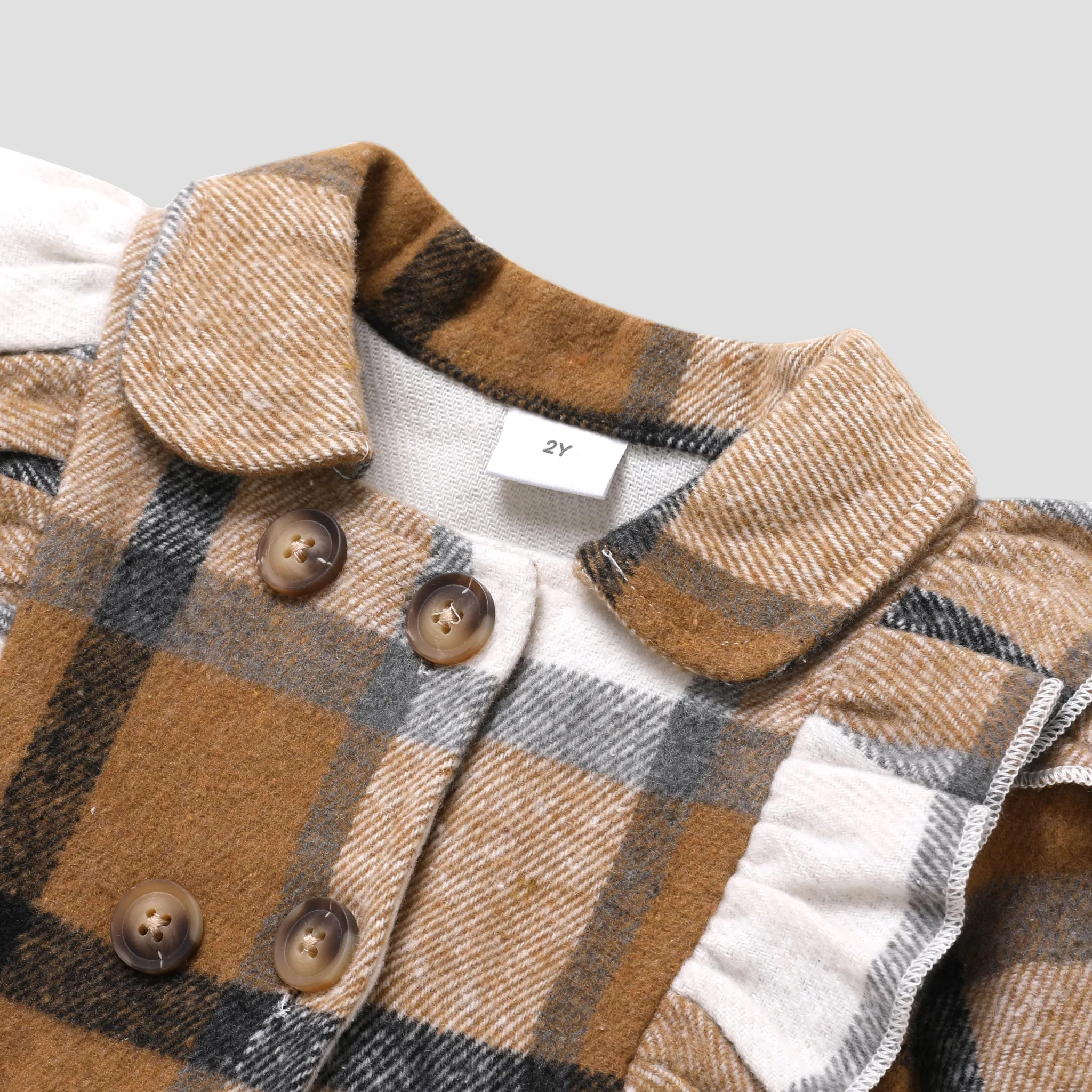 Toddler Girl Classic Ruffled Double Breasted Plaid Coat Brown image 3