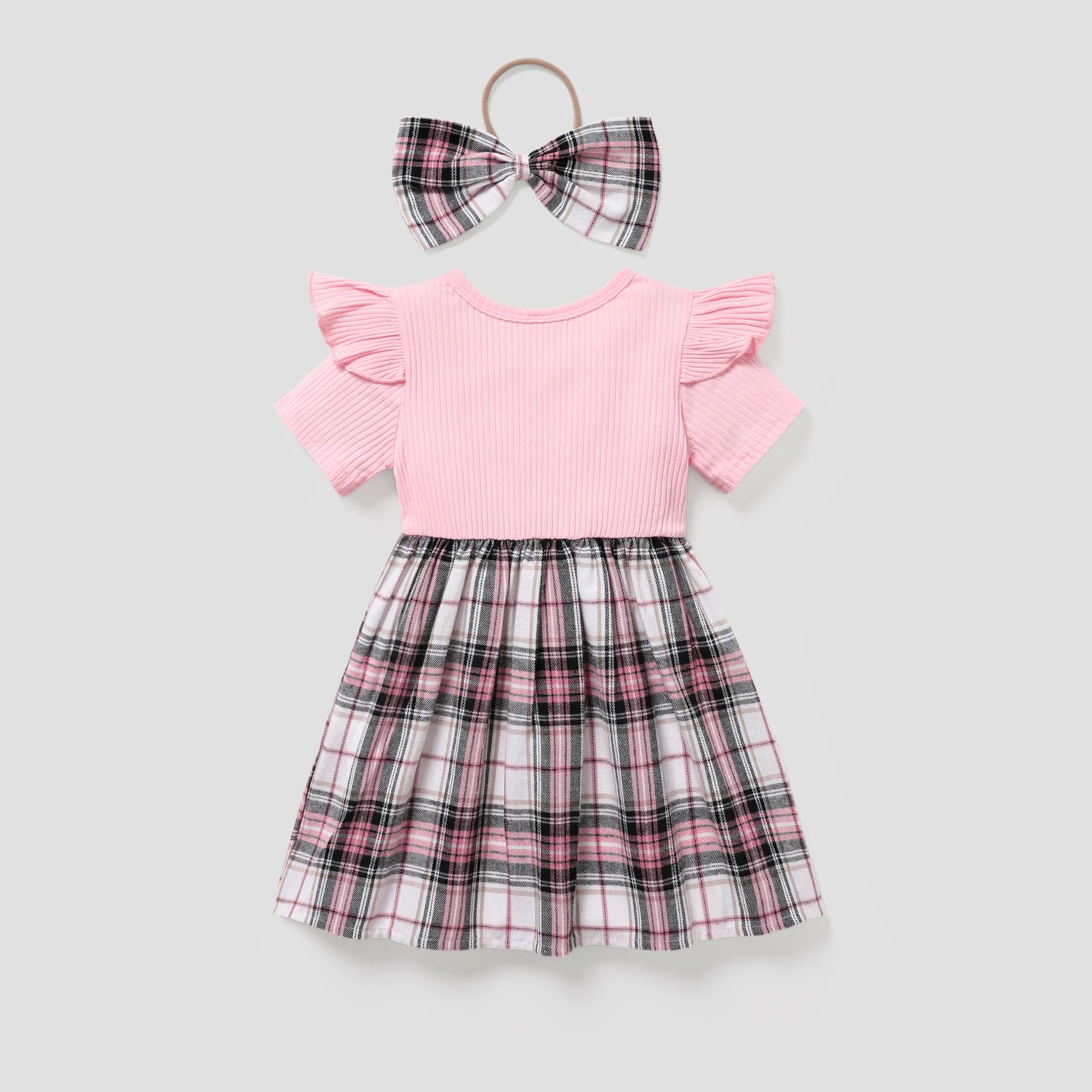 2pcs Toddler Girl Bow Decor Plaid Panel Combo Dress & Headband Set  image 2