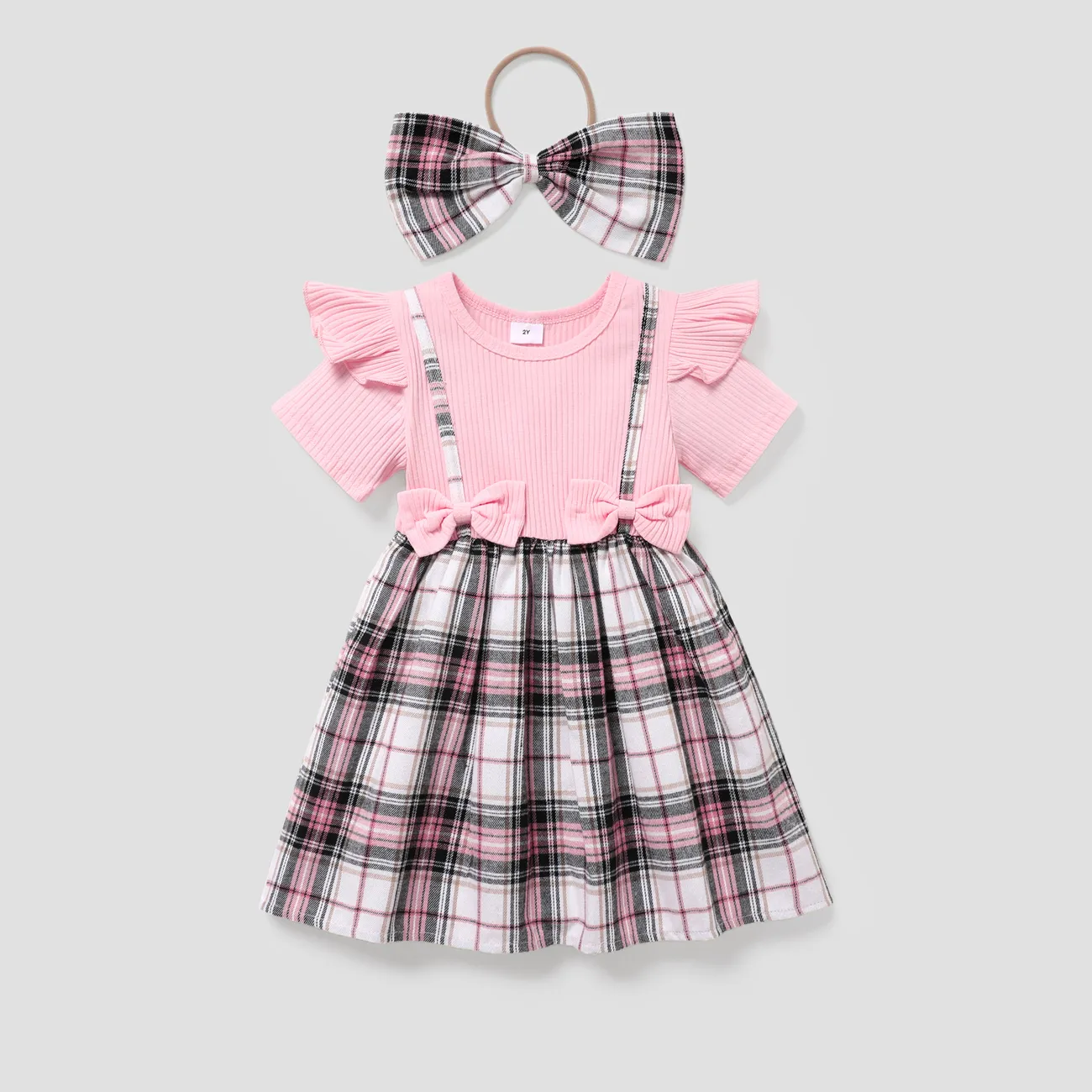 2pcs Toddler Girl Bow Decor Plaid Panel Combo Dress & Headband Set big image 1