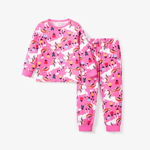 2pcs Toddler/Kid Girl Unicorn and Floral Pattern Pink Pajamas