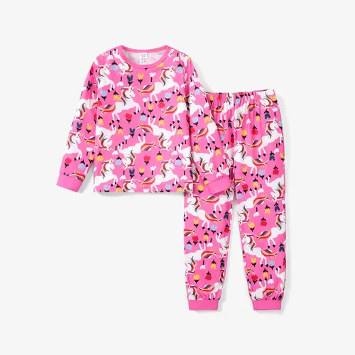 Conjunto de pijamas de 2 piezas con patrón animal dulce para niñas, mezcla de poliéster y spandex.