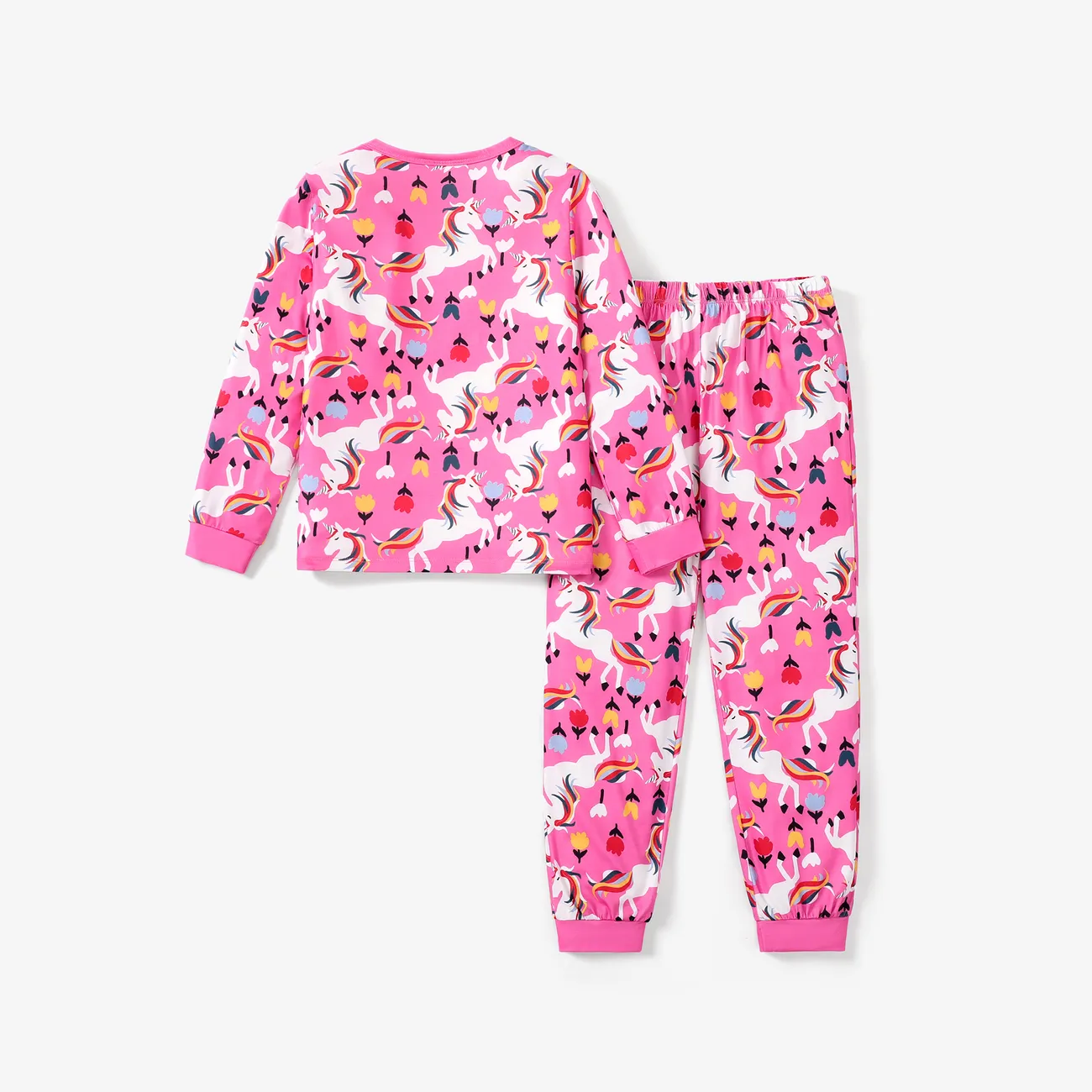 Conjunto de pijamas de 2 piezas con patrón animal dulce para niñas, mezcla de poliéster y spandex. Rosado big image 1