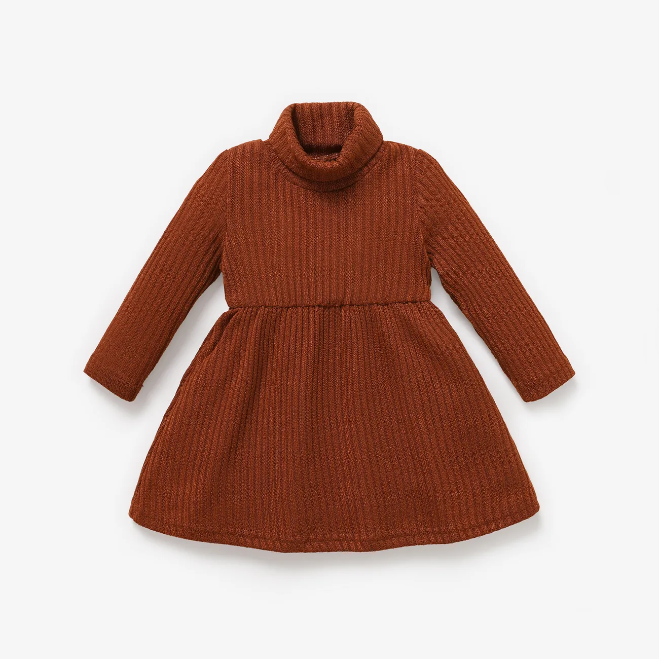 Baby Girl Solid Rib Knit Turtleneck Long-sleeve Dress Brown- big image 1