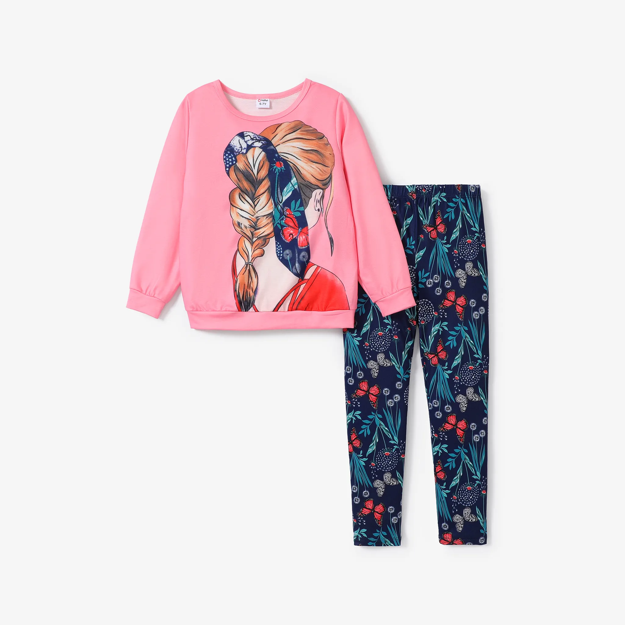 2pcs Kid Girl Figure Print Pink Sweatshirt And Floral Print Leggings Set