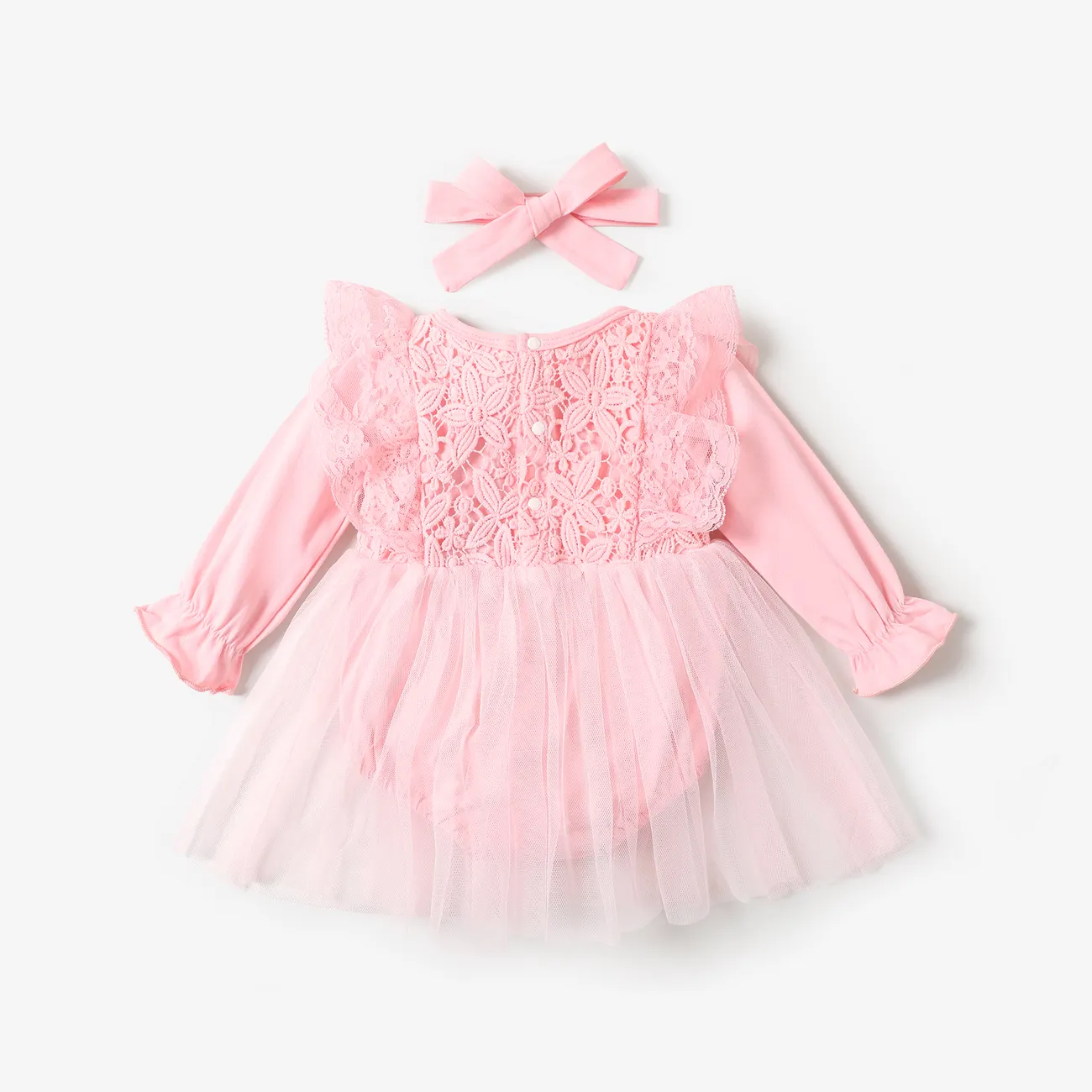 2pcs Baby Girl Sweet Solid Lace and Mesh design Long Sleeve Romper Pink big image 1