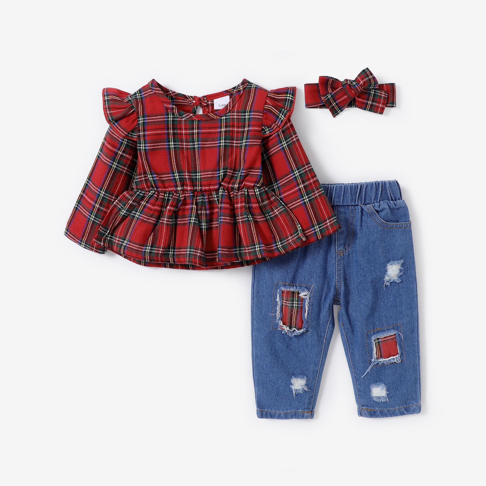 3pcs Baby Girl 95% Cotton Ruffle Long-sleeve Plaid Top And Ripped Jeans Set