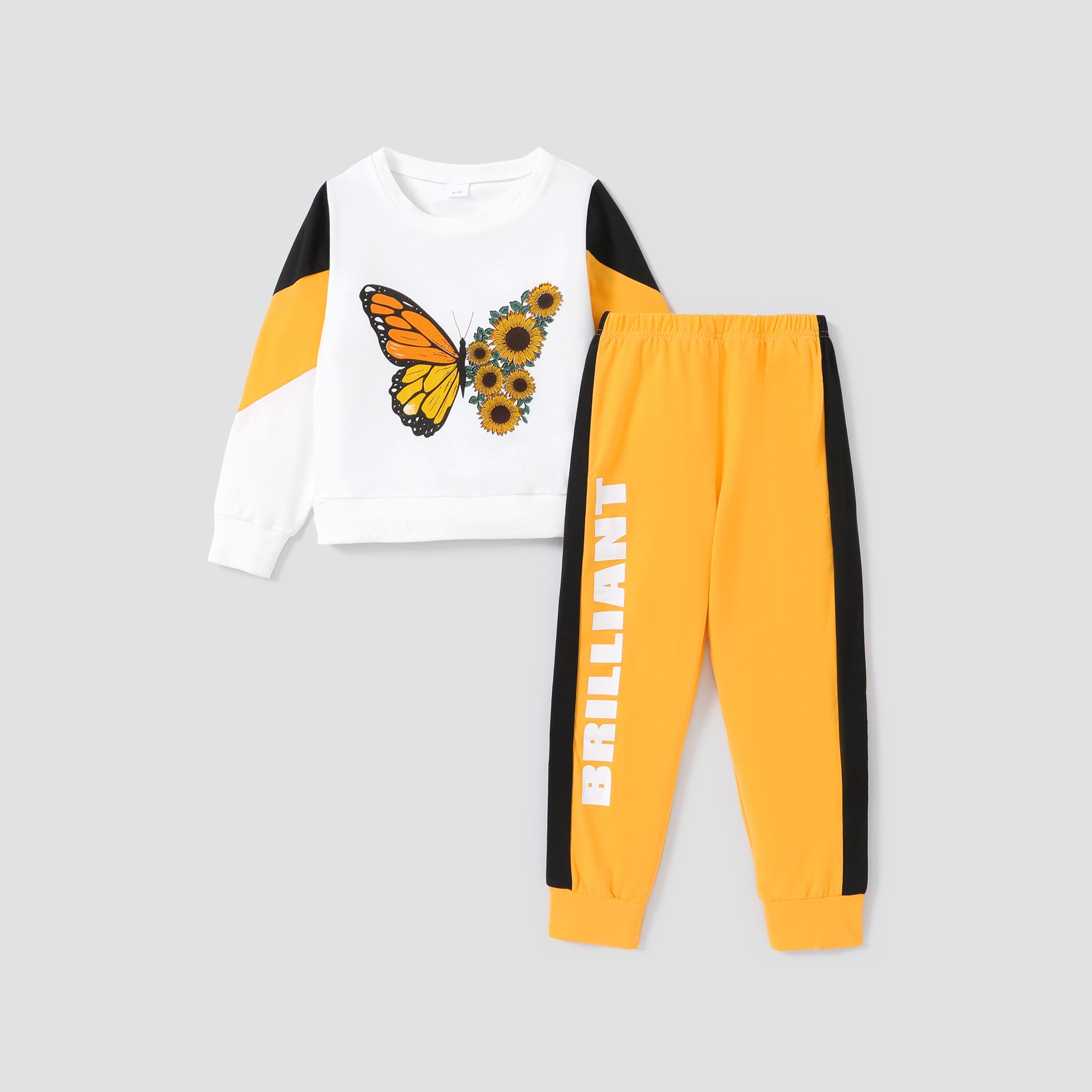 2-piece Kid Girl Butterfly Print Colorblock Pullover And Letter Print Pants Casual Set