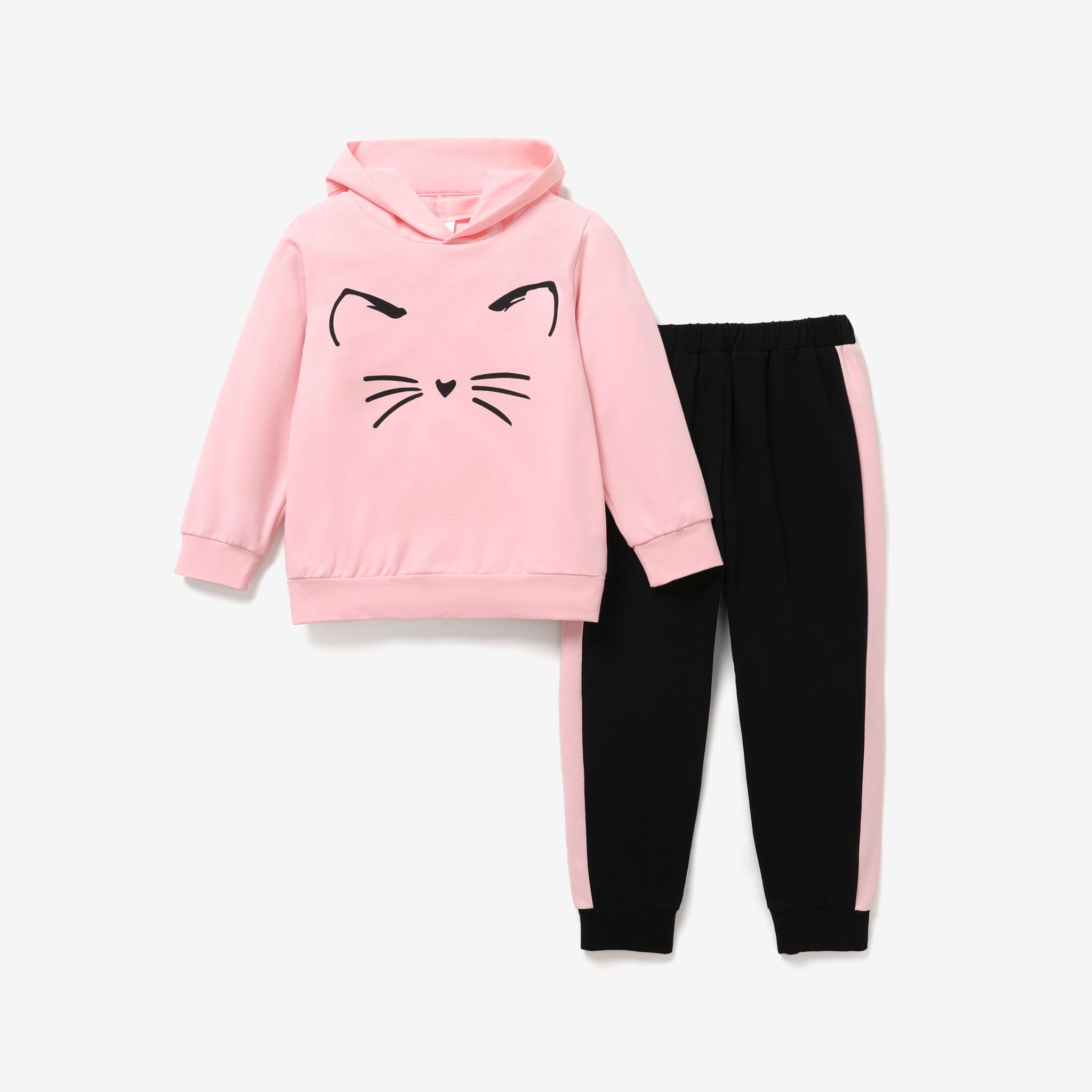 2-piece Kid Girl Animal Cat Print Hoodie Sweatshirt And Colorblock Pants Set