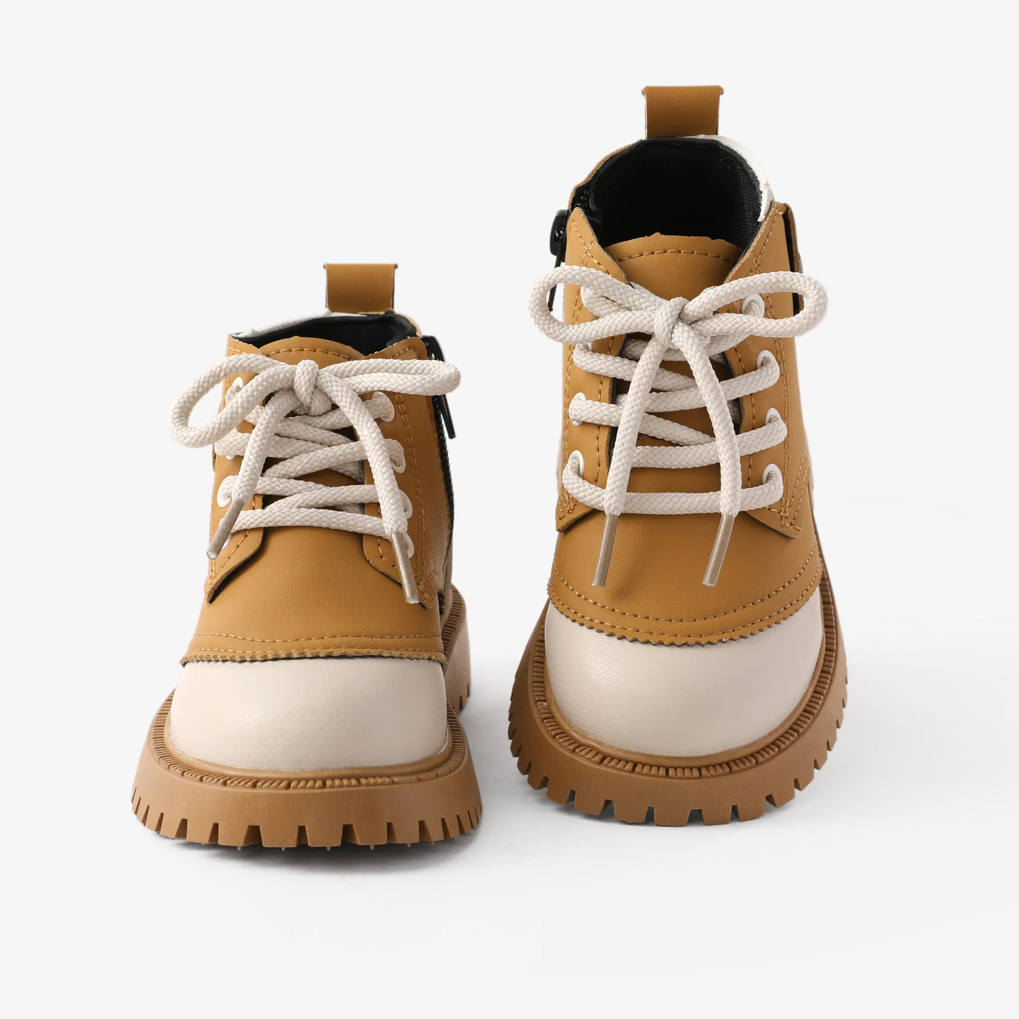 Toddler and Kids Casual Color-block Lace-up Design Side Zipper Leather Boots Yellow image 2