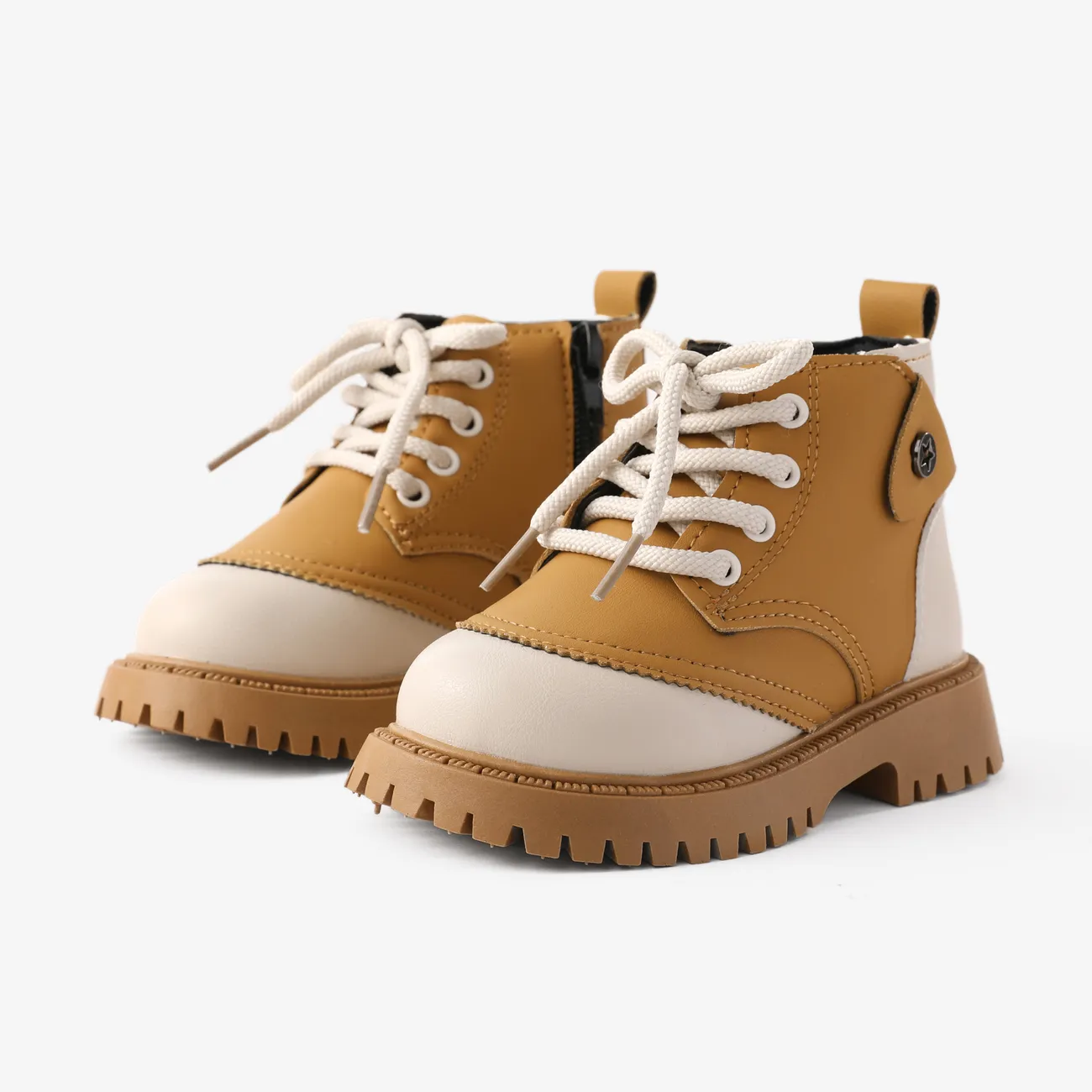 Toddler and Kids Casual Color-block Lace-up Design Side Zipper Leather Boots Yellow big image 1
