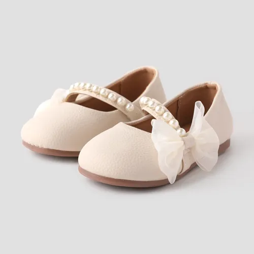 Toddler and Kids Girls Sweet Bow & Faux-pearl Decor Strap Leather Shoes