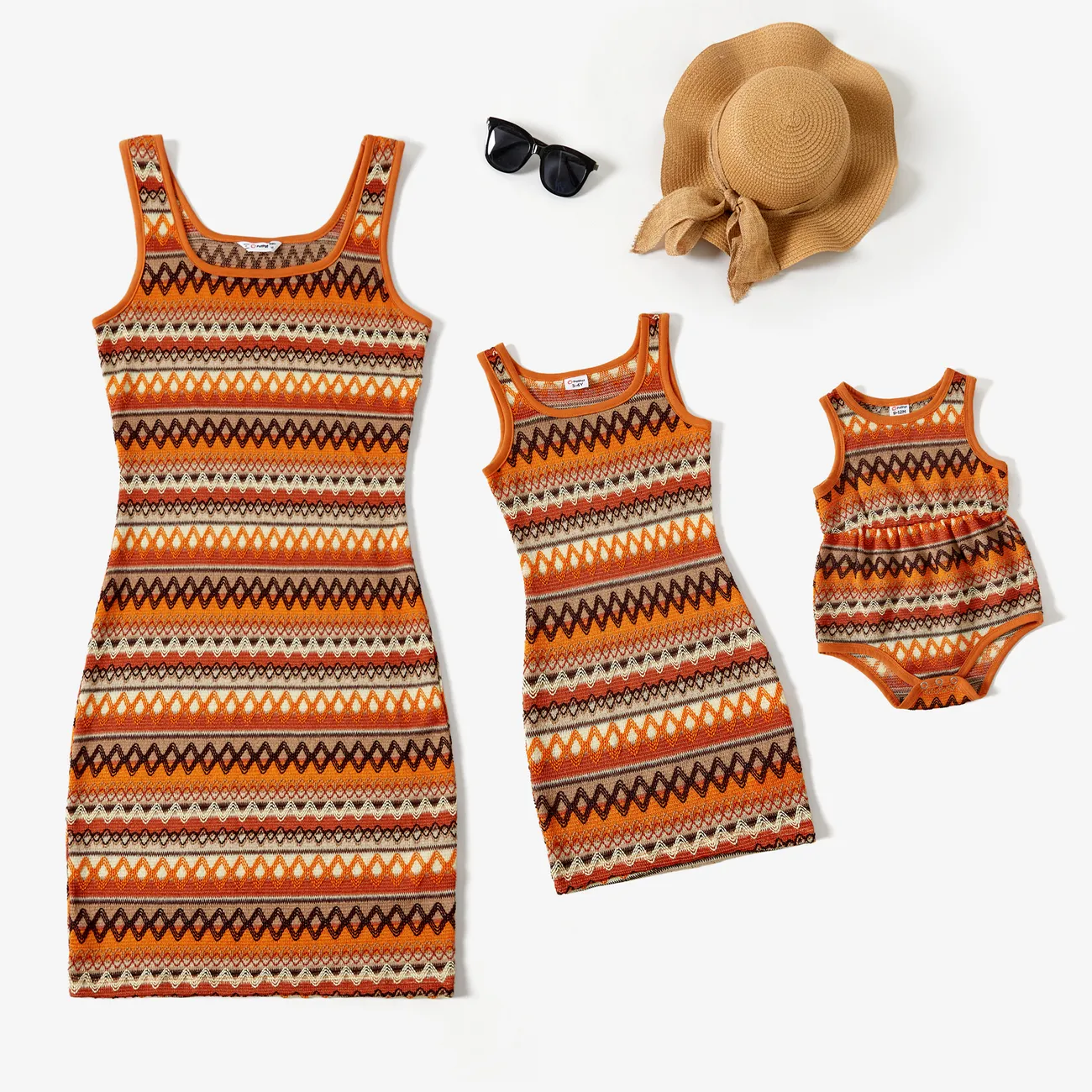 Mommy and Me Casual Knitted Sleeveless Boho Tank Dresses Orange color big image 1