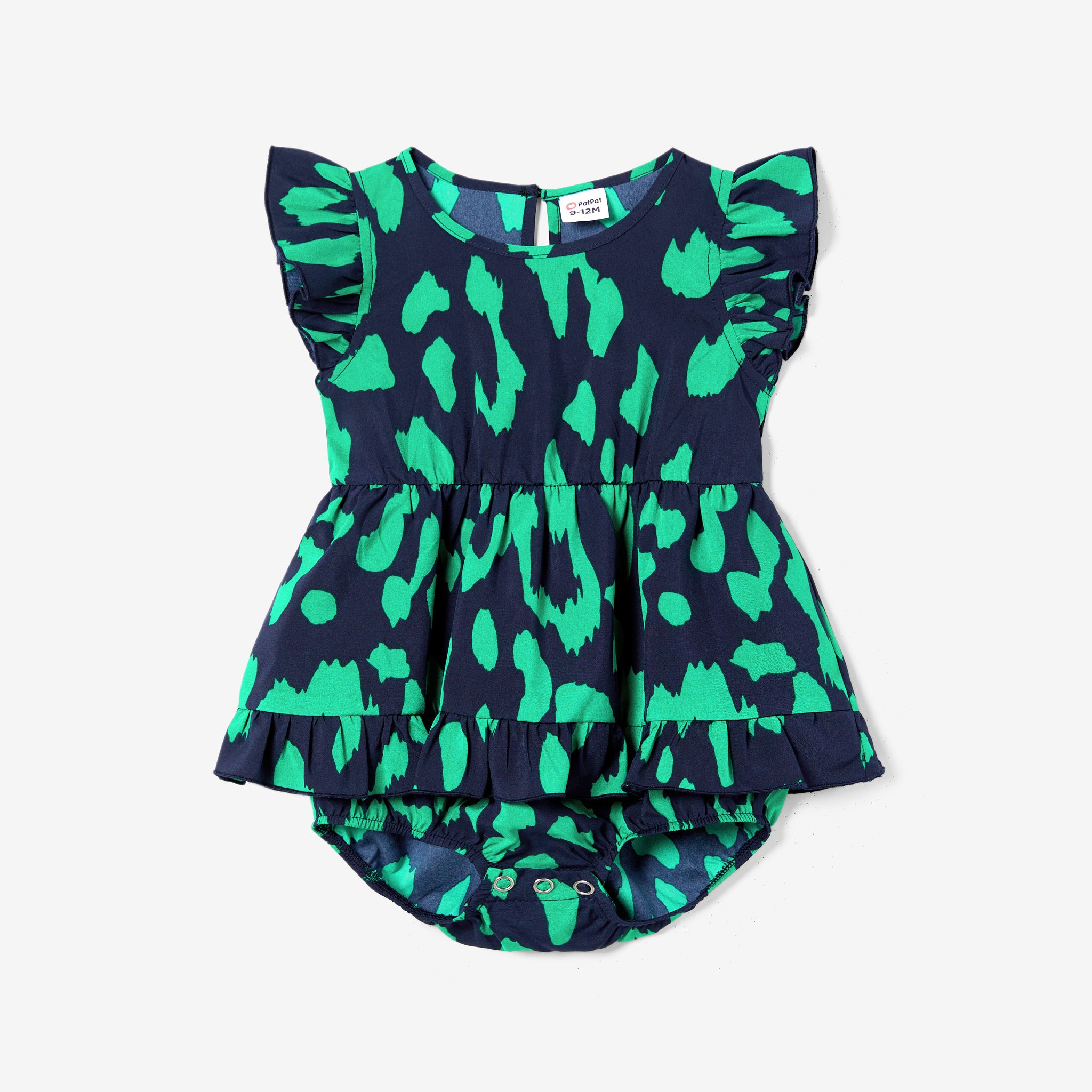 Family Matching Casual Short Sleeve Green Leopard Print T-shirts And V-neck Dresses Sets