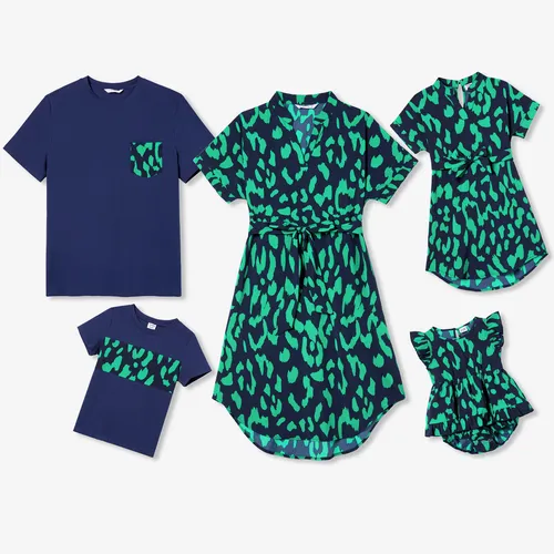 Family Matching Casual Short Sleeve Green Leopard Print T-shirts and V-neck Dresses Sets