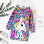 Kid Girl Unicorn Rainbow Print Long-sleeve Hooded Sweatshirt Dress Colorful