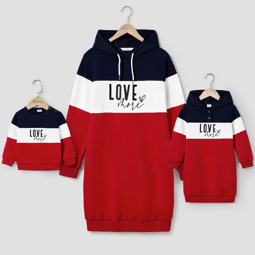 Mommy and Me Casual Color-block Letters Print Long-sleeve Hooded Dresses