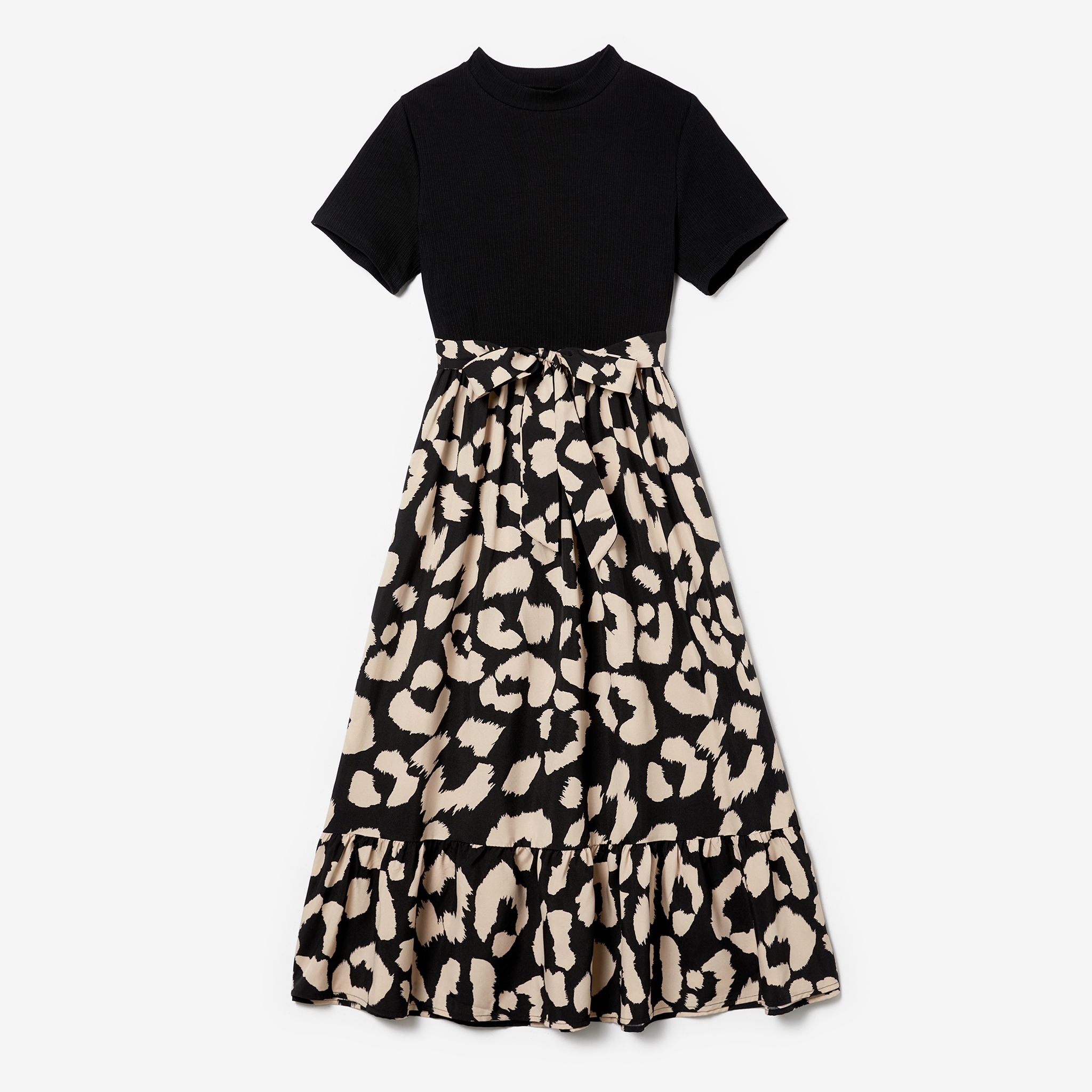 

Family Matching Long-sleeve Color-block Tops and Black Fabric Splicing Dresses Sets