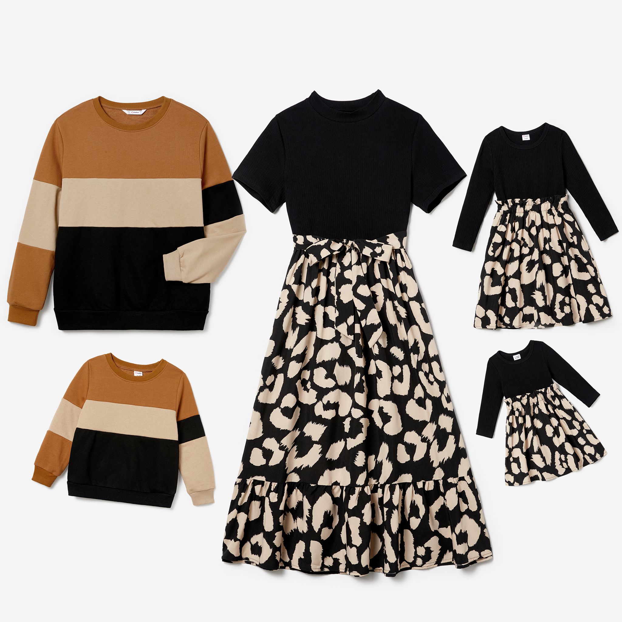 

Family Matching Long-sleeve Color-block Tops and Black Fabric Splicing Dresses Sets