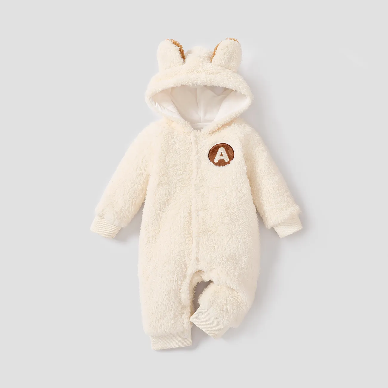 Baby Girl/Boy Hyper-Tactile 3D Bear Pattern Plush Jumpsuit Beige big image 1