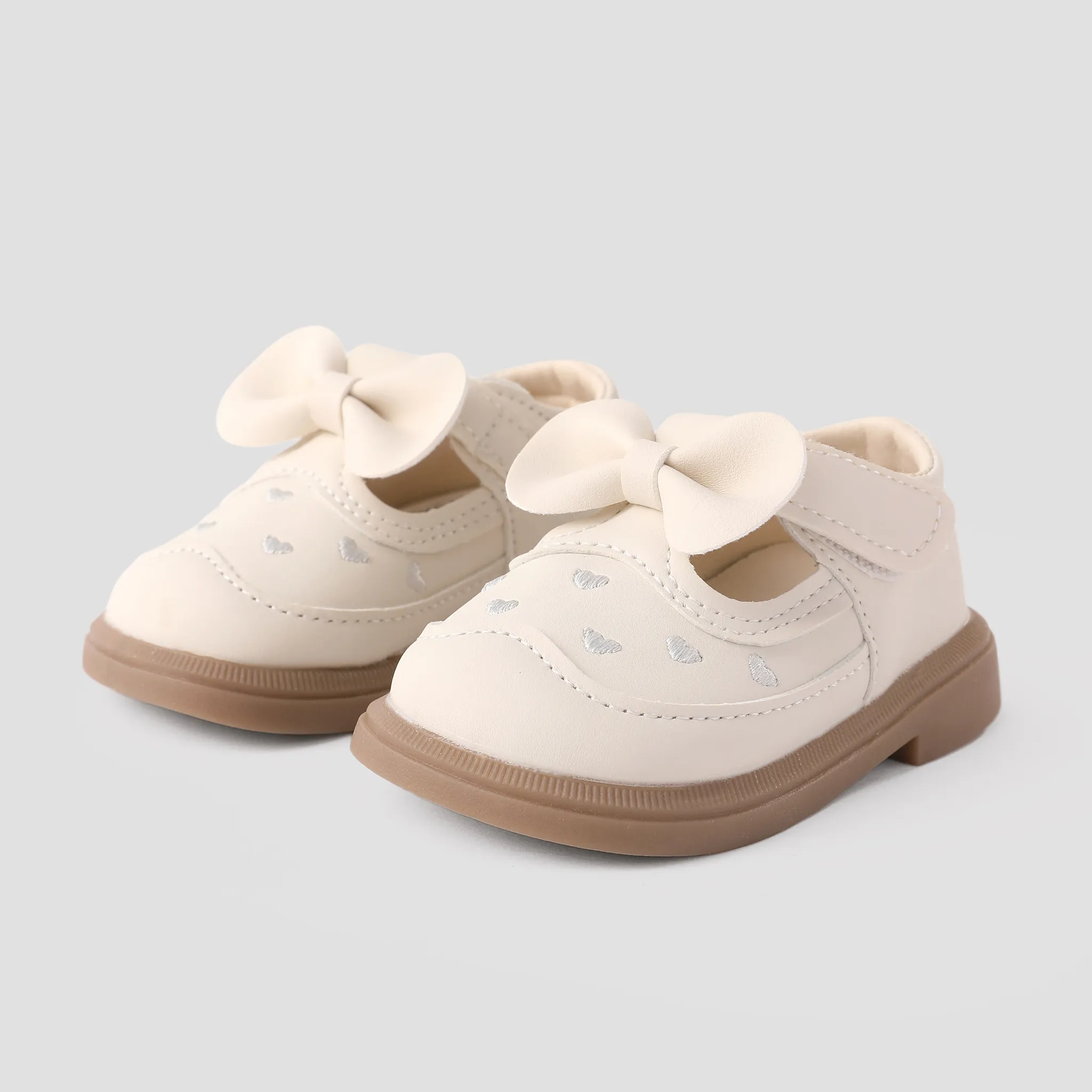 Toddler Girl's Sweet Bow Decor Heart Embroidery Leather Shoes OffWhite big image 1