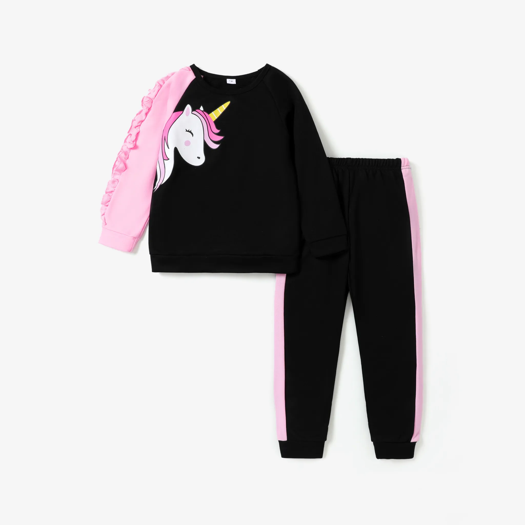 2-piece Kid Girl Unicorn Print Ruffled Colorblock Pullover Sweatshirt and Elasticized Pants Set Black big image 1