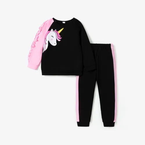 2-piece Kid Girl Unicorn Print Ruffled Colorblock Pullover Sweatshirt and Elasticized Pants Set