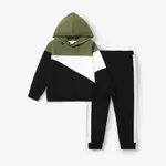 2pcs Kid Boy Colorblock Hoodie Sweatshirt and Elasticized Pants Set Olivegreen