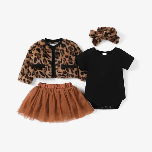 4pcs Baby Thickened Fleece Long-sleeve Leopard Outwear and Mesh Tutu Skirt with Romper Set