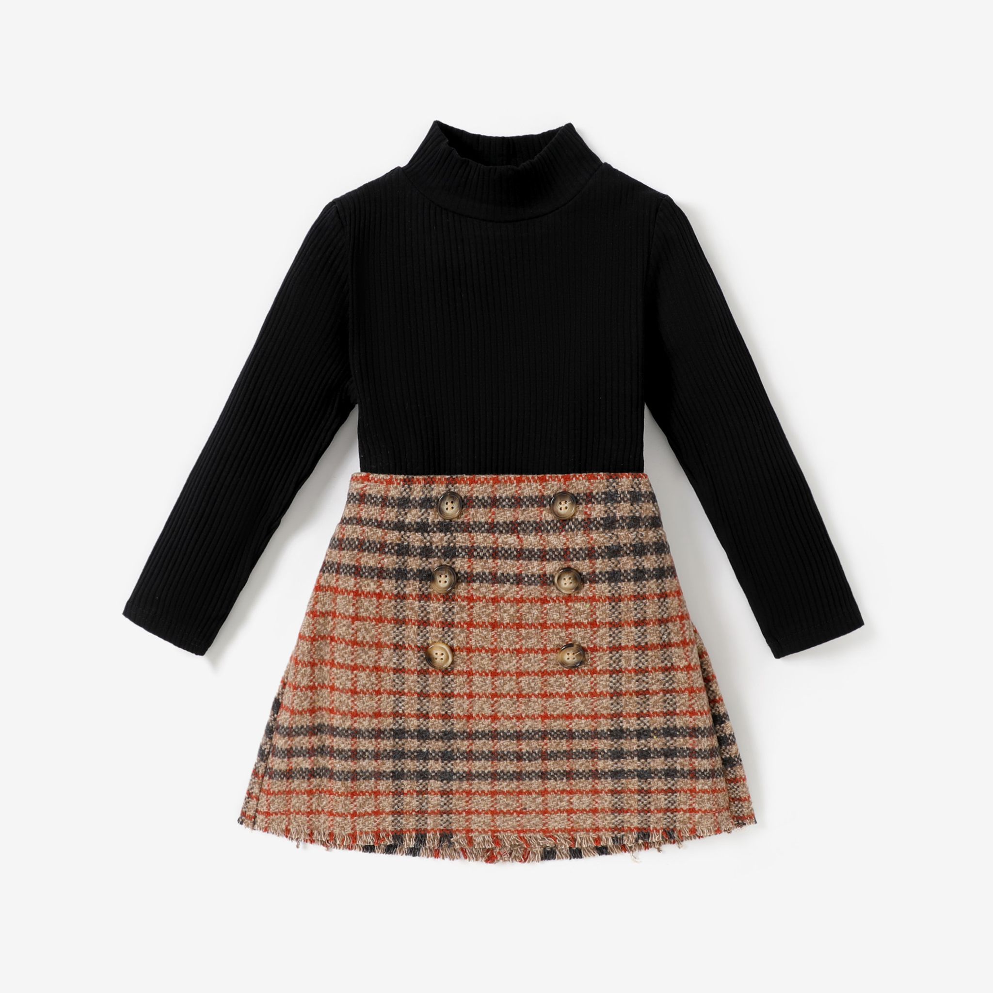 2-piece Toddler Girl Mock Neck Ribbed Long-sleeve Black Top And Button Design Plaid Skirt Set