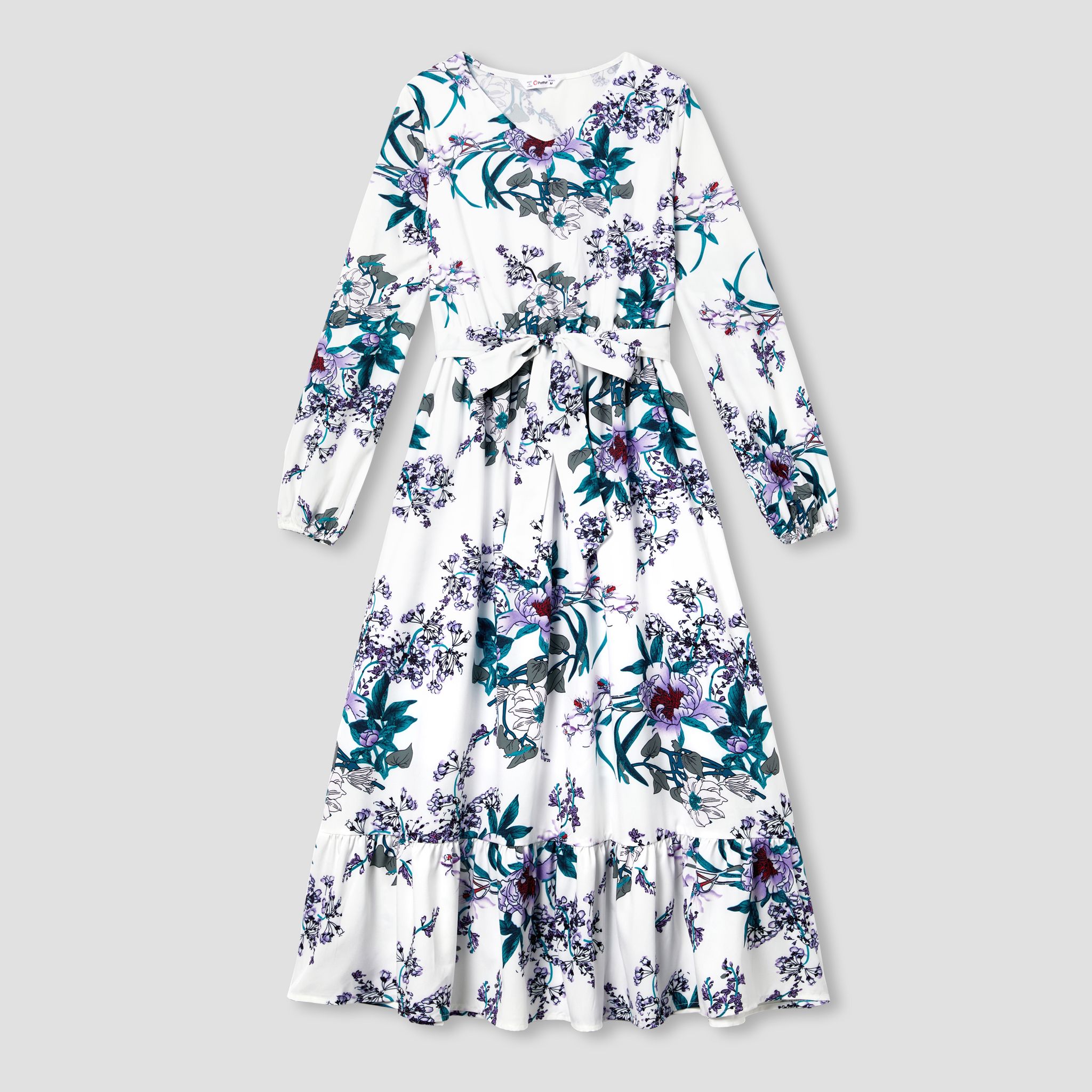 Family Matching Colorblock Long-sleeve Tops And Floral Print Long Sleeve Belted Dresses Sets