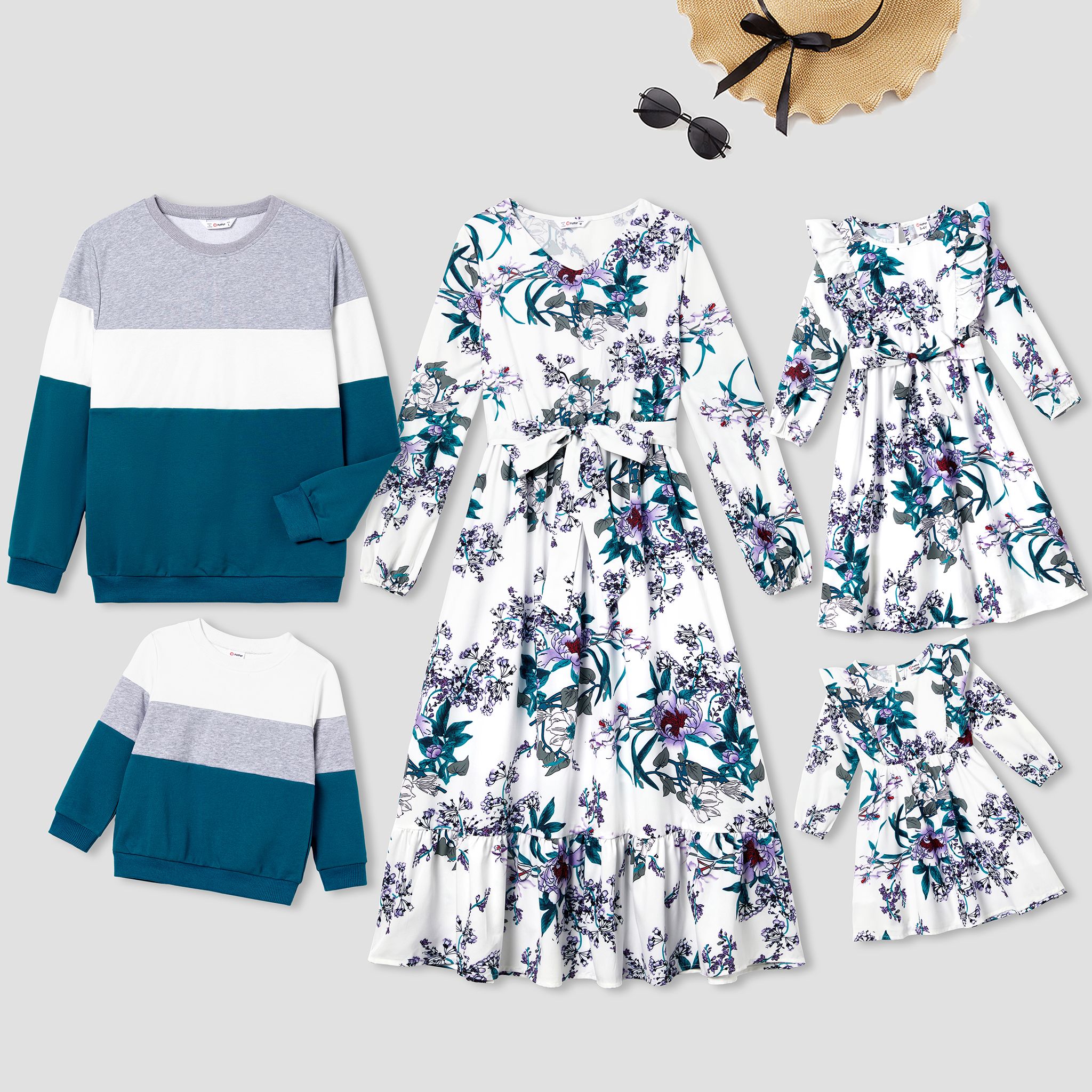 Family Matching Colorblock Long-sleeve Tops And Floral Print Long Sleeve Belted Dresses Sets