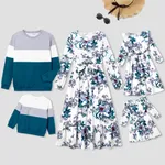 Family Matching Colorblock Long-sleeve Tops and Floral Print Long Sleeve Belted Dresses Sets  image 2